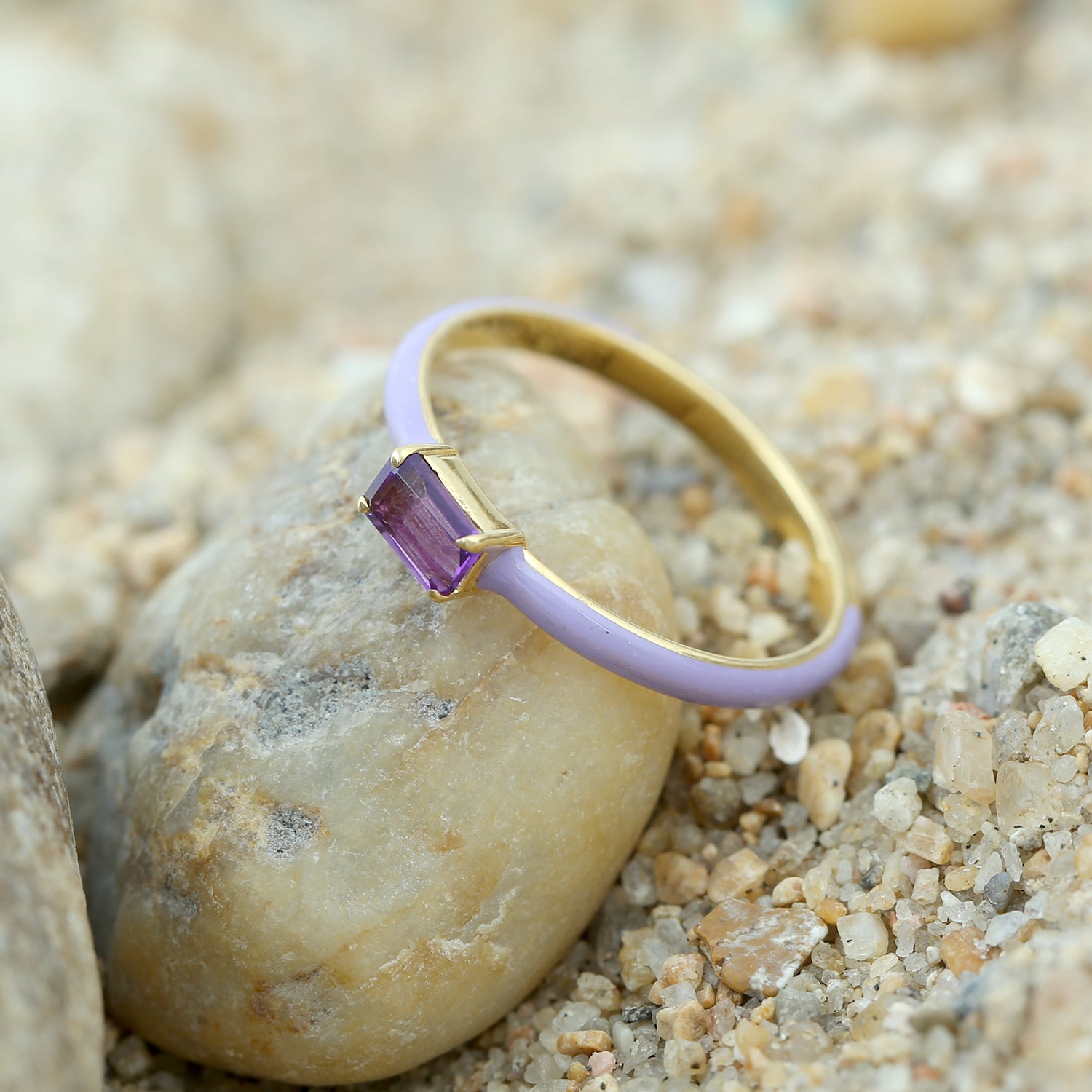 18K Yellow Gold Baguette Cut Amethyst Enamel Band Ring - Elegant Dainty Jewelry for Women, Perfect for Weddings, Anniversaries & Special Occasions