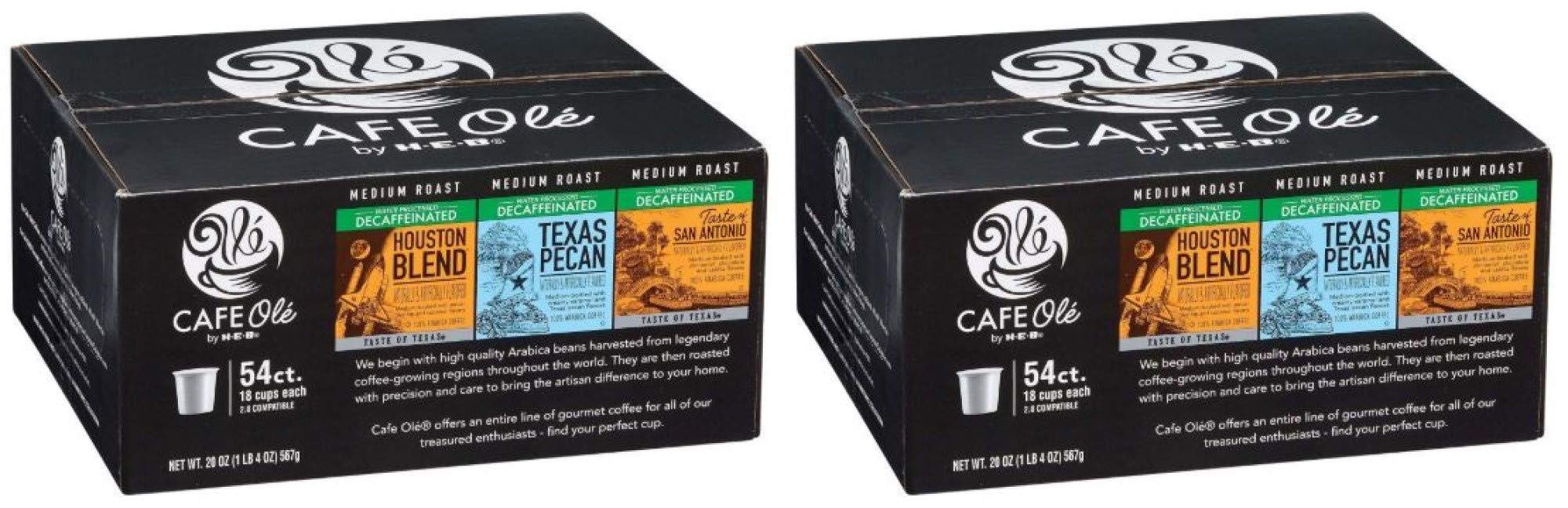 HEB Cafe Ole 54 Count Decaf Coffee Variety Pack - Texas Pecan, Houston Blend, Taste of San Antonio (Pack of 2) | Perfect for Office, Home & Gifts