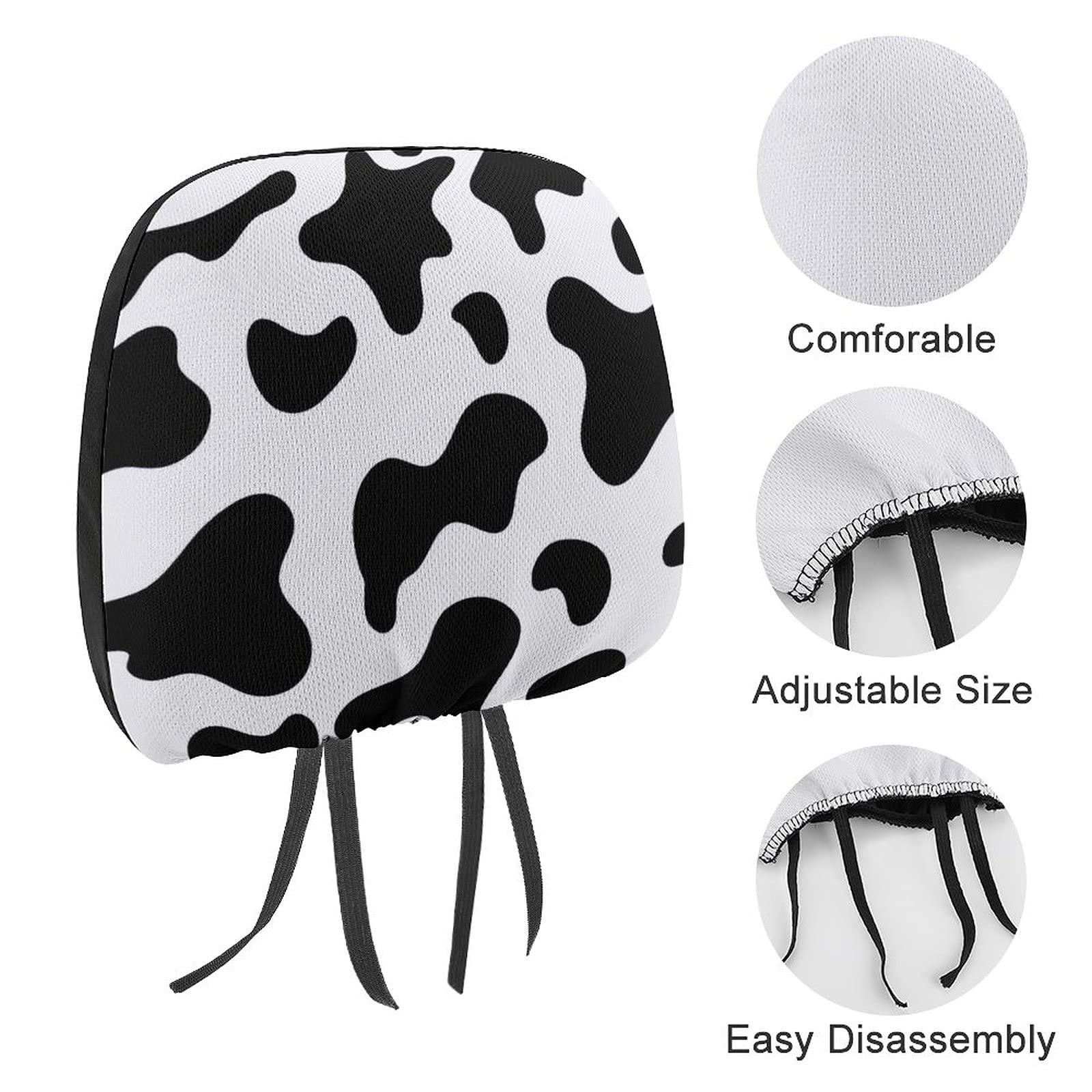 Bagea-Ka 2 Pack Genuine Cowhide Car Headrest Covers with Milk Cow Print - Universal Fit for Most Car & Truck Models - Durable Seat Protector for Men & Women - Perfect for Road Trips, Commuting & Interior Styling