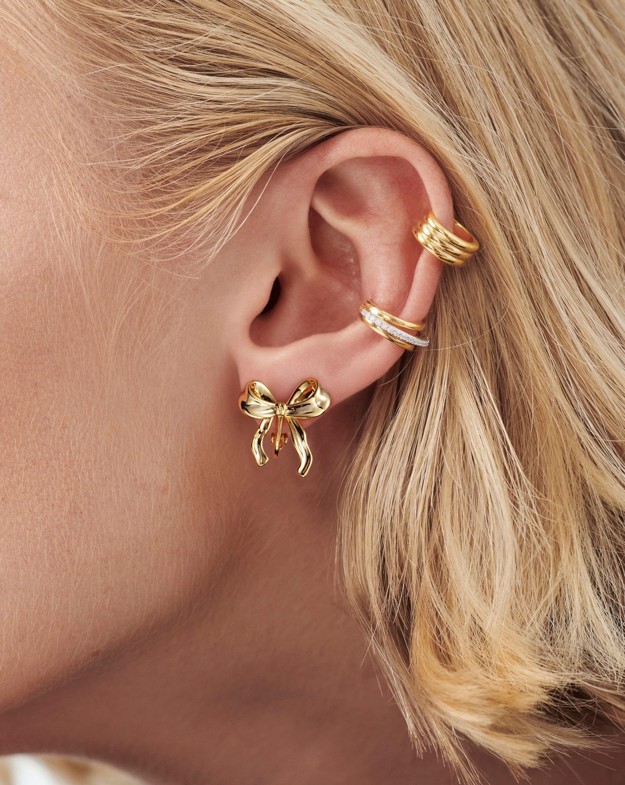14K Gold Plated Bow Clip On Earrings for Women - Elegant Ribbon Non-Pierced Earrings - Perfect for Weddings, Parties & Special Occasions