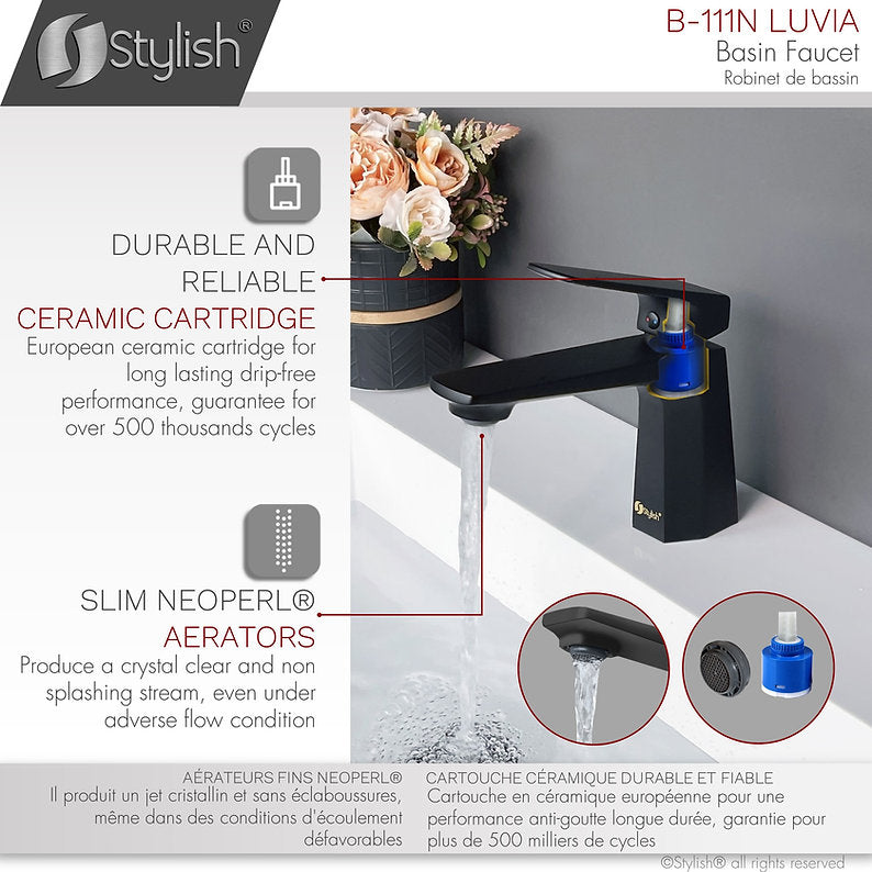 LUVIA B111N Single Hole Bathroom Faucet in Matte Black - Modern Waterfall Spout Design for Bathroom Sink, Vanity, and Powder Room Installation