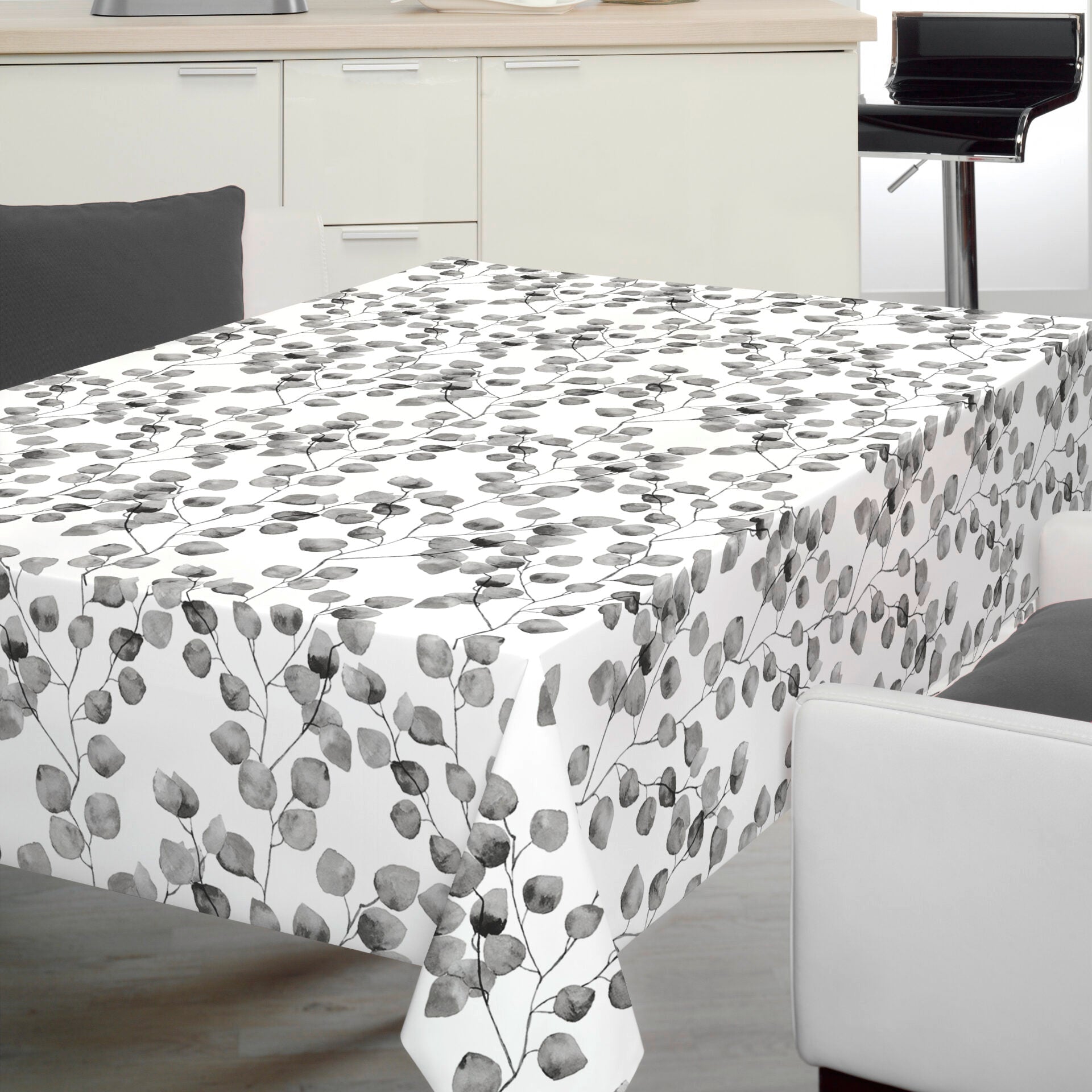 Grey Stem Leaves Vinyl Oil Cloth - Waterproof & Durable Table Cover for Kitchen, Dining Room, and Outdoor Picnics