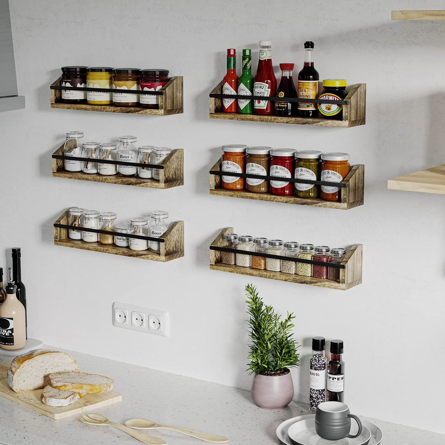 Farmhouse Wall Spice Rack Organizer Set - 3-Piece Light Brown Wooden Spice Shelves for Kitchen, Pantry & Bathroom Storage | Wall Mounted Spice Rack, Book Shelf & Home Decor Organizer | Perfect for Small Space Organization & Rustic Kitchen Decor