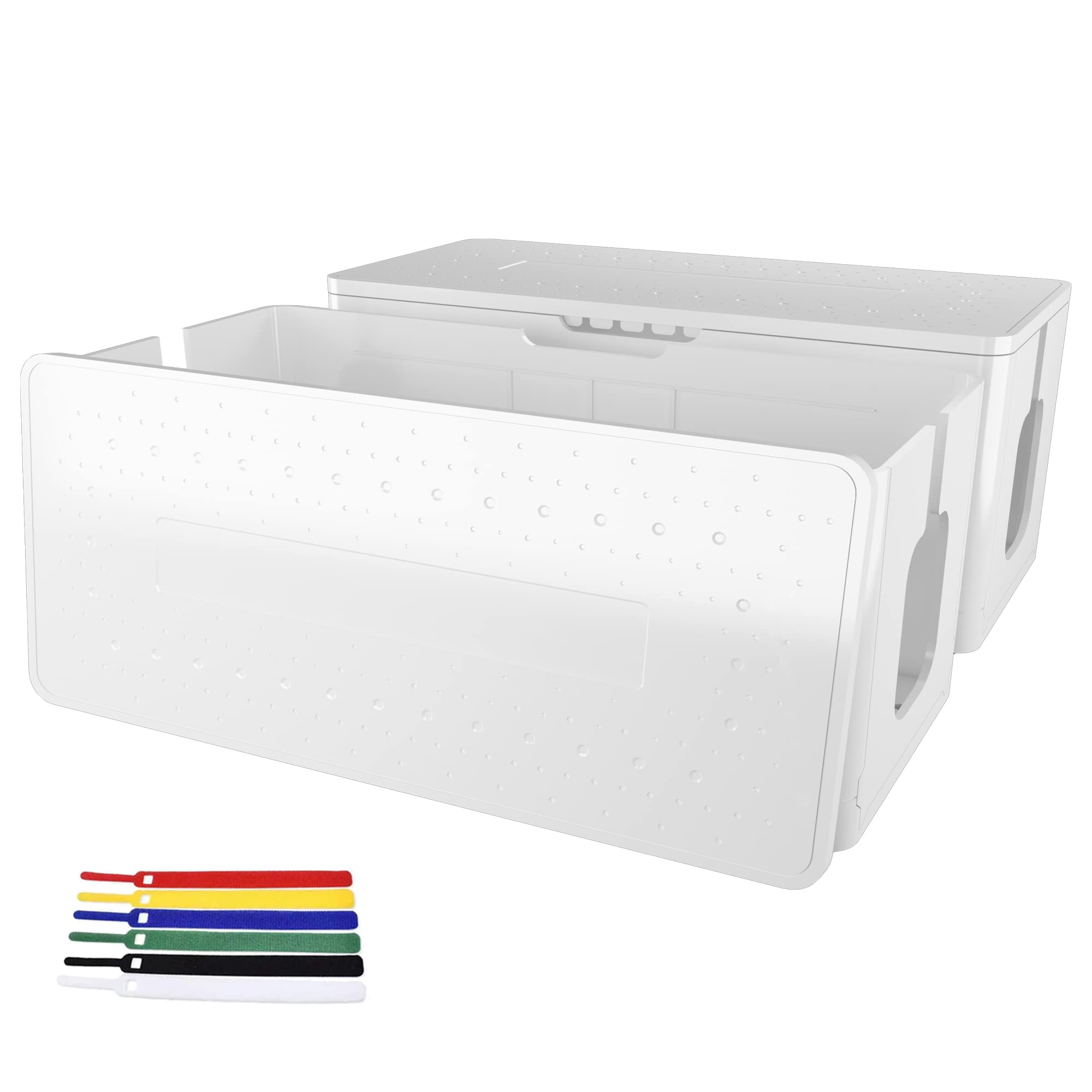 2-Pack Collapsible ABS Cable Management Box with Ties - Cord Organizer Cover for Power Strips, Surge Protectors, Chargers & USB Hubs - Hide Wires for Home Office, Desktop Computer & Workspace Organization