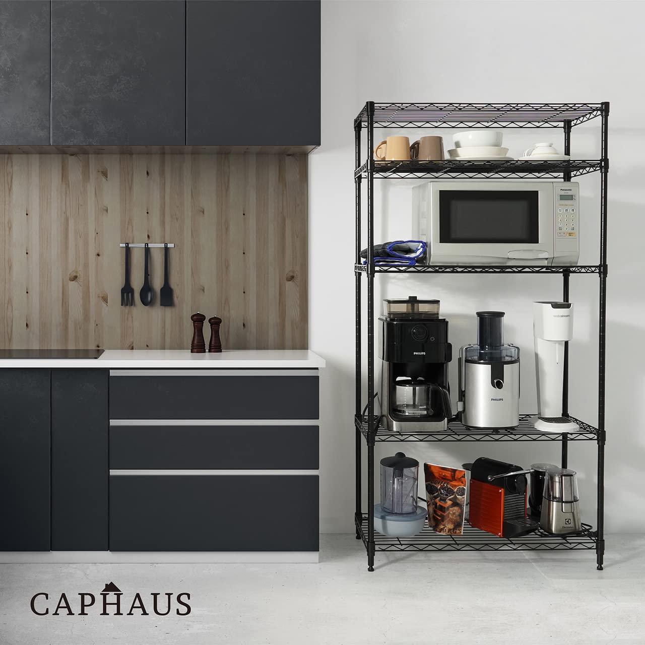 CAPHAUS 4-Tier Adjustable Height Wire Shelving Unit - Heavy Duty Metal Steel Storage Rack for Garage, Kitchen, Pantry & Closet Organization - Black Utility Shelf Without Wheels