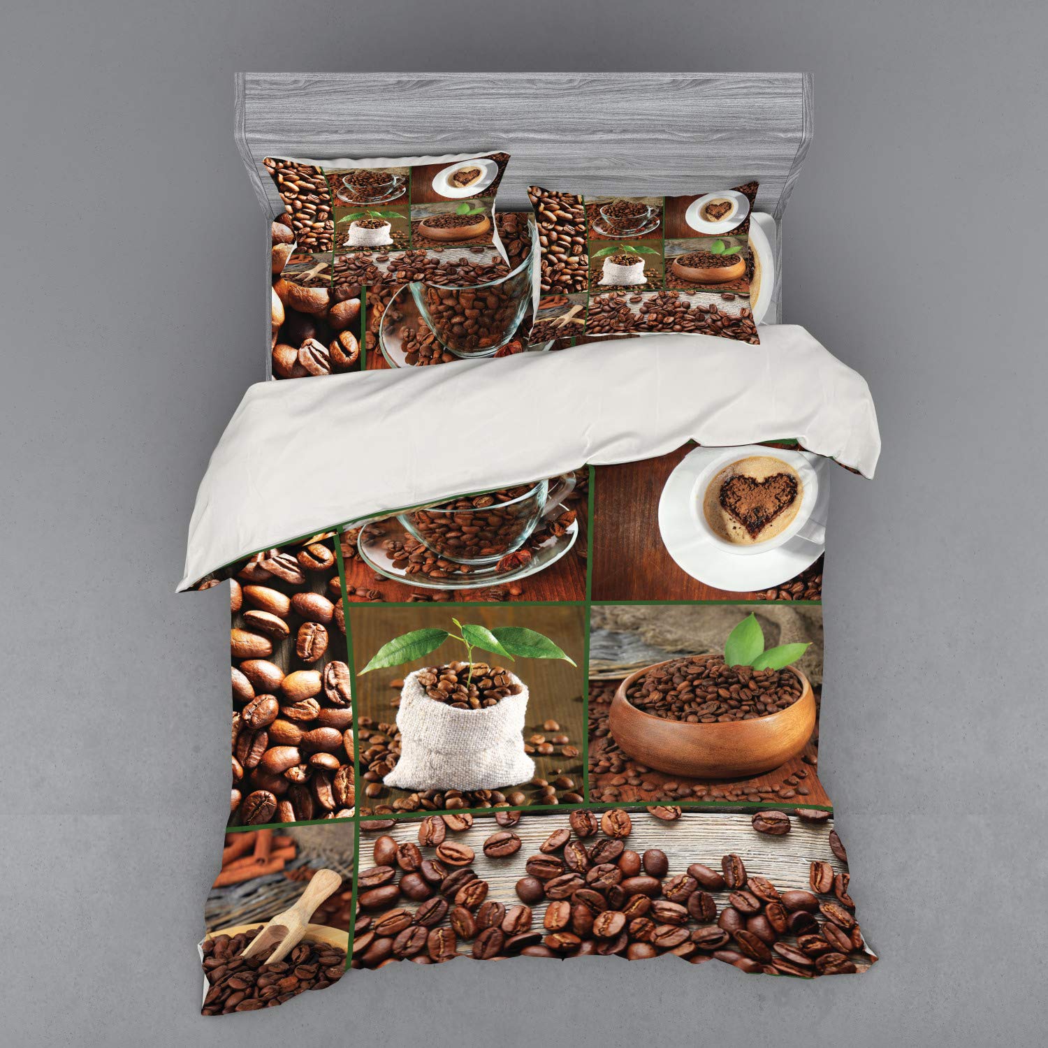 Ambesonne 4-Piece Queen Size Duvet Cover Set - Brown Coffee Beans & Green Leaves Design on Wooden Table, Includes Shams & Fitted Sheet | Perfect for Bedroom Decor, Coffee Lovers Gift & Cozy Home Styling