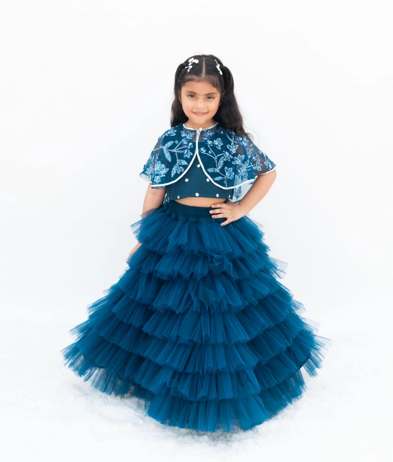 Pre Order: Stylish Teal Blue Crop Top & Skirt Set with Elegant Cape - Perfect for Cosplay, Halloween, and Fashion Events