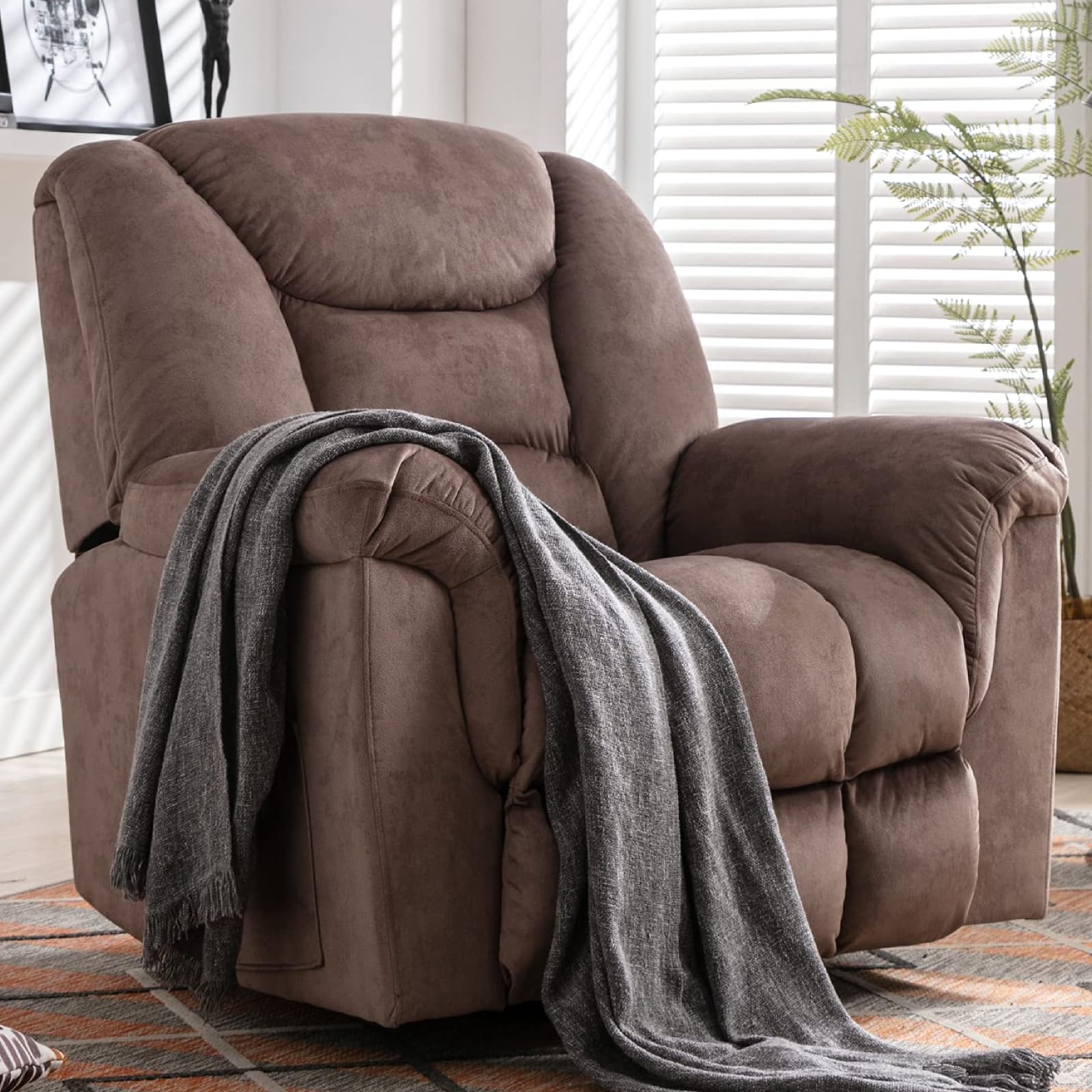 ANJ Oversized Rocker Recliner Chair - 360° Swivel Manual Recliner, Extra Wide Glider Rocking Chair for Big & Tall Men, Plush Overstuffed Living Room Recliner in Camel Brown - Perfect for Lounging, Movie Nights & Relaxation in Your Home Theater or Family Room