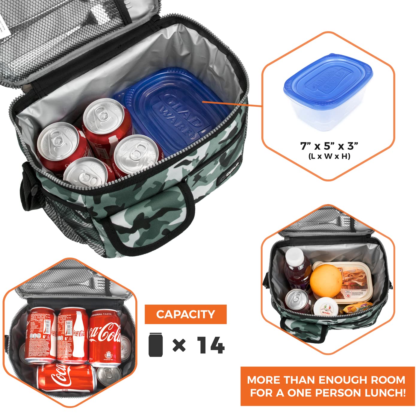 Opux Insulated Lunch Bag for Men & Women - Leakproof Camo Green Lunch Box for Work & School - Portable Soft Cooler Bag with Shoulder Strap - Adult & Kids Lunchbox (14 Can/8L Capacity) - Perfect for Office, Picnics & Outdoor Activities