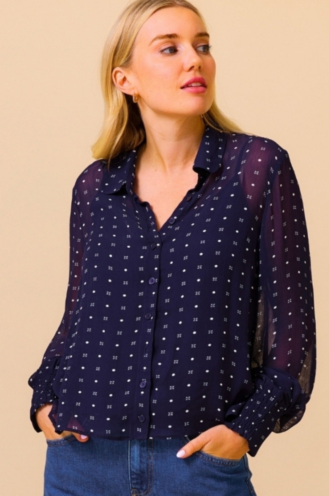 Ffion Blouse - Stylish Navy & White Polka Dot Women's Top for Casual Wear & Office Outfits