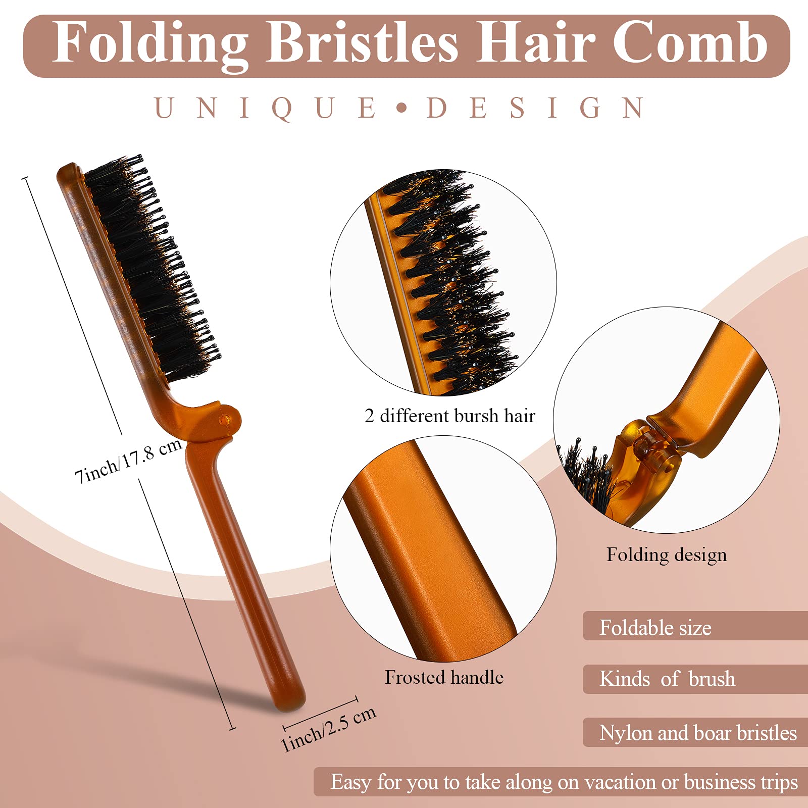 2 Pack Foldable Travel Hair Brush - Compact Collapsible Pocket Hair Comb with Bristles for Women & Men, Portable Styling Tool for Home, Gym, Office & Travel (Amber)