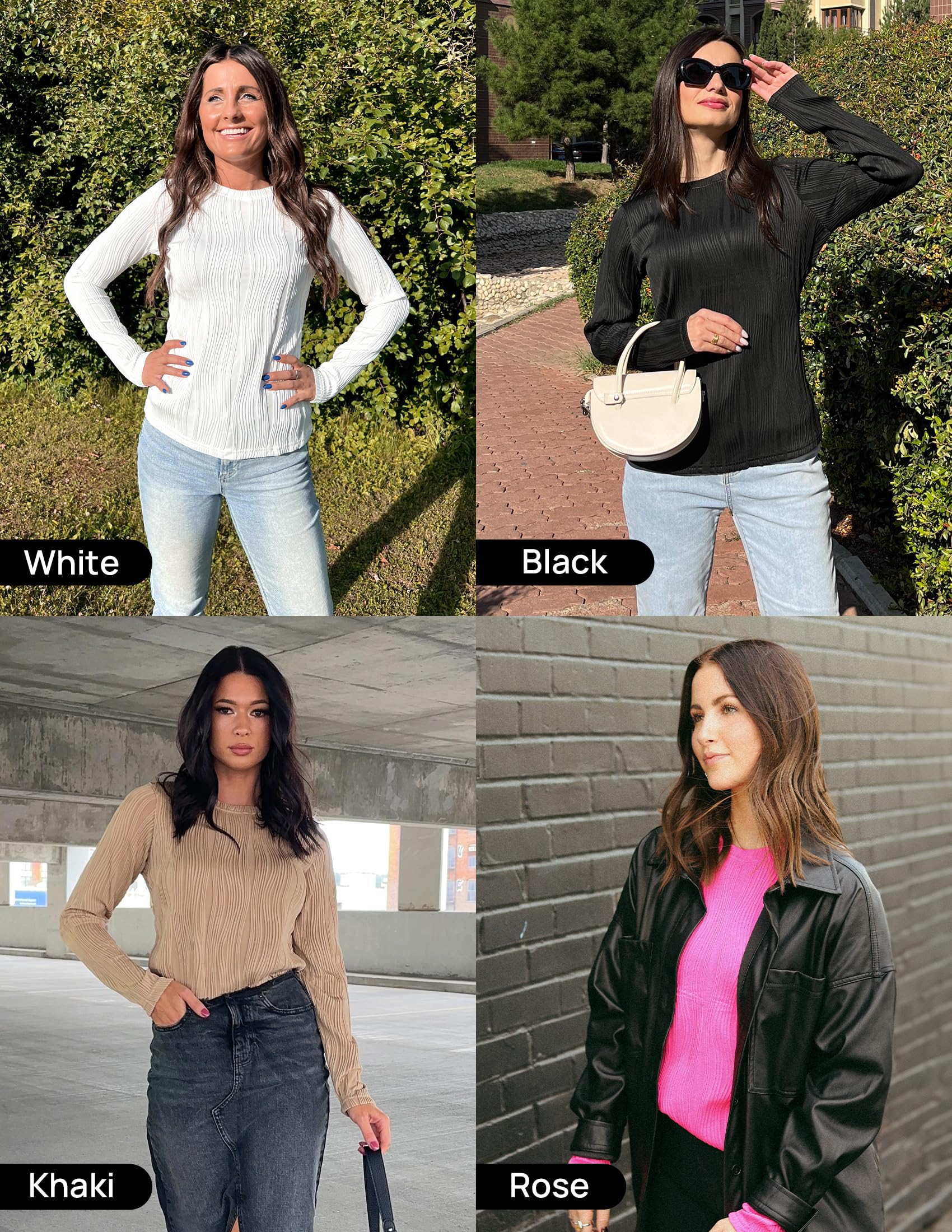 ZESICA Women's Long Sleeve Tops - Fall Fashion Slim Fit Textured T-Shirts for Casual Wear, Work & Layering