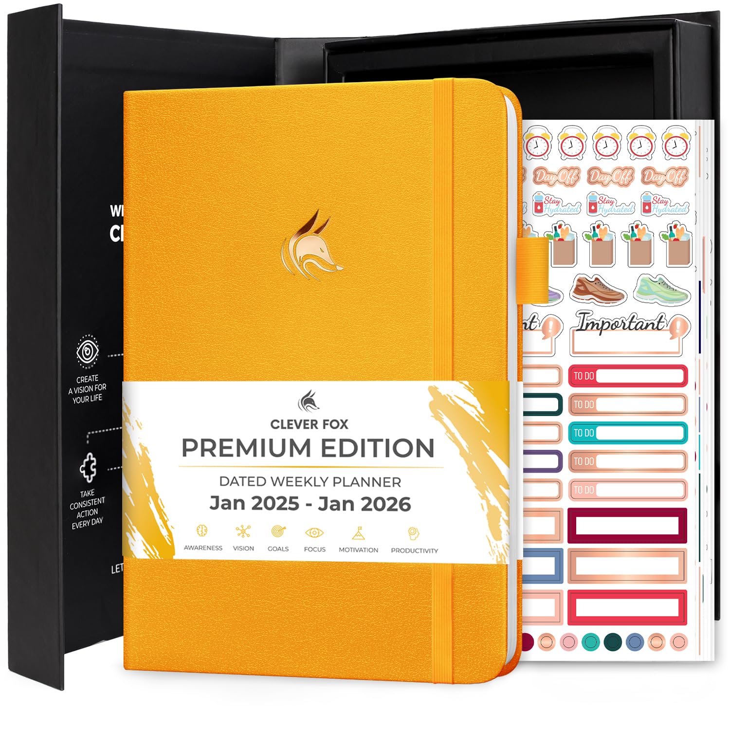 Clever Fox Premium Dated Planner 2025 - Weekly & Monthly Agenda Organizer for Time Management - Productivity Notebook with Habit Tracker, To-Do List & Goal Setting (Amber Yellow) - Perfect for Students, Professionals & Busy Moms
