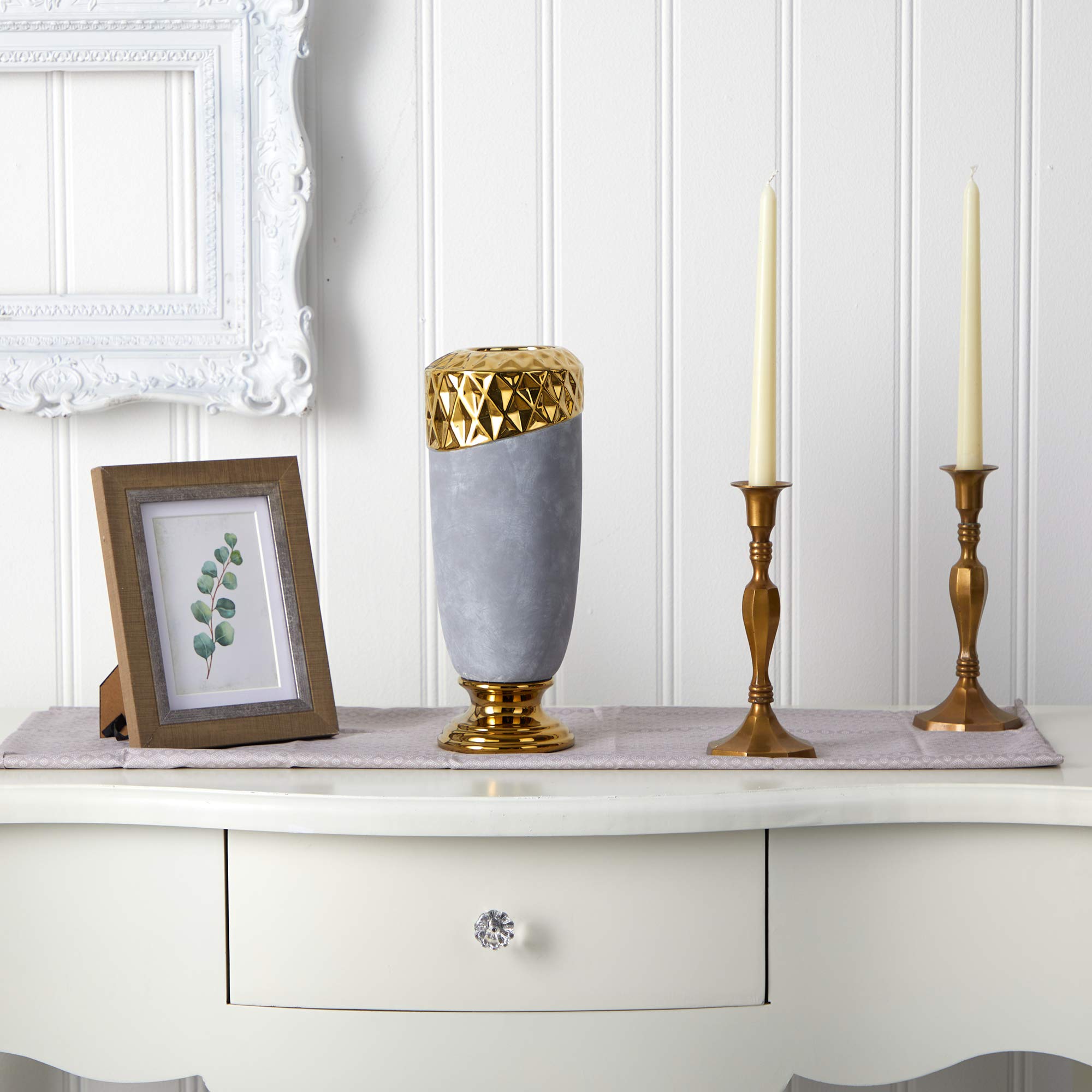 Nearly Natural 11.5 Inch Regal Stone Vase with Gold Accents - Elegant Home Decor for Living Room, Dining Table, Wedding Centerpiece & Office Desk
