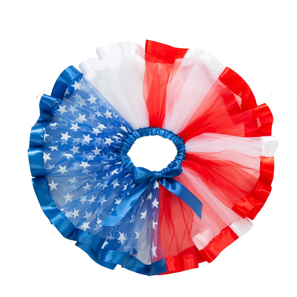 4th of July Girls Patriotic Tutu Skirt Set - Red White Blue US Flag Skirt with Star Necklace & Hair Bows - Perfect for Independence Day Parades, Parties & Photo Shoots