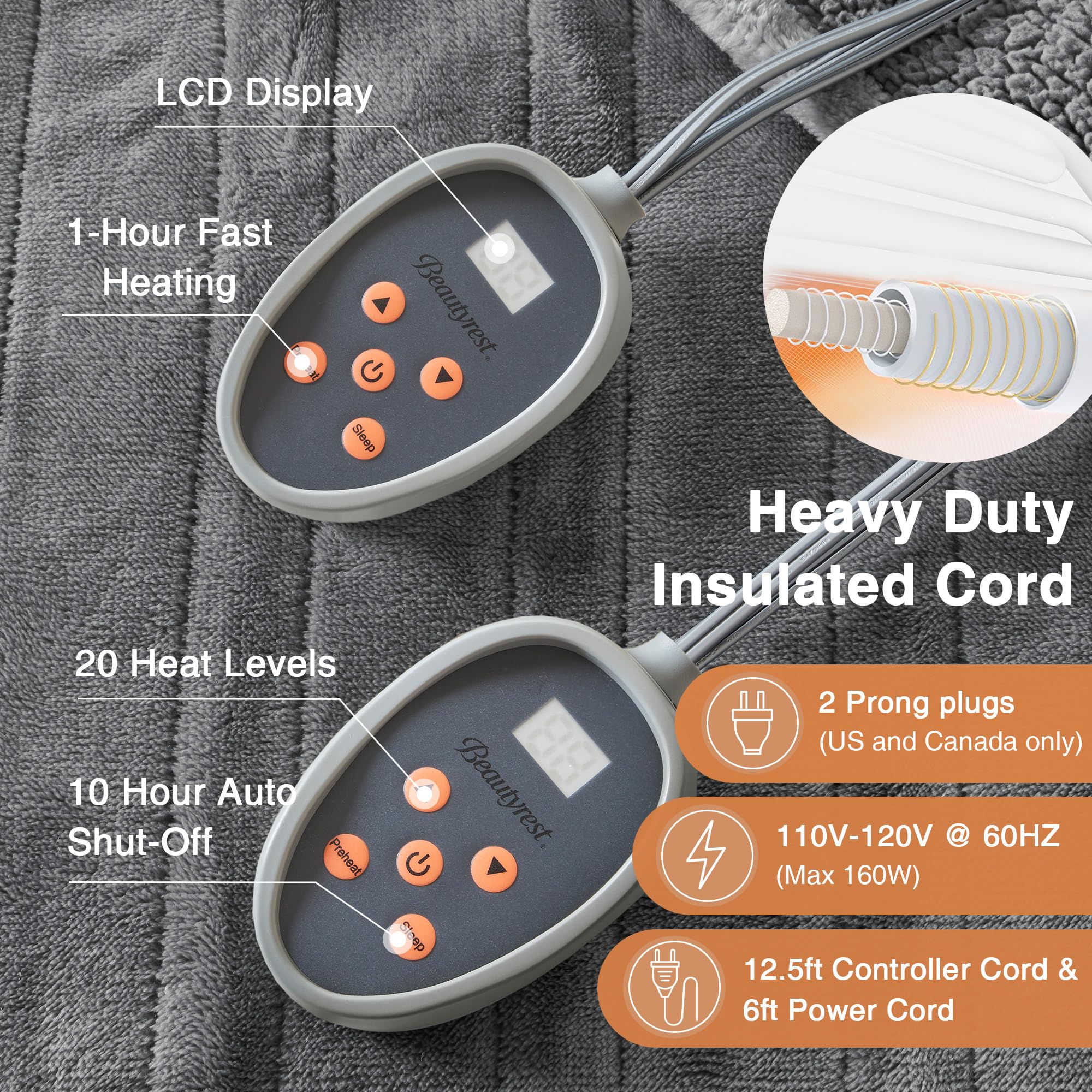 Beautyrest Electric Heated Blanket - 20 Heat Settings & Auto Shut Off Timer, Reversible Sherpa Plush Blanket for Queen Size Bed (90x84 inches), Machine Washable, Soft & Warm Grey Blanket - Perfect for Winter Nights, Cold Weather & Cozy Home Comfort