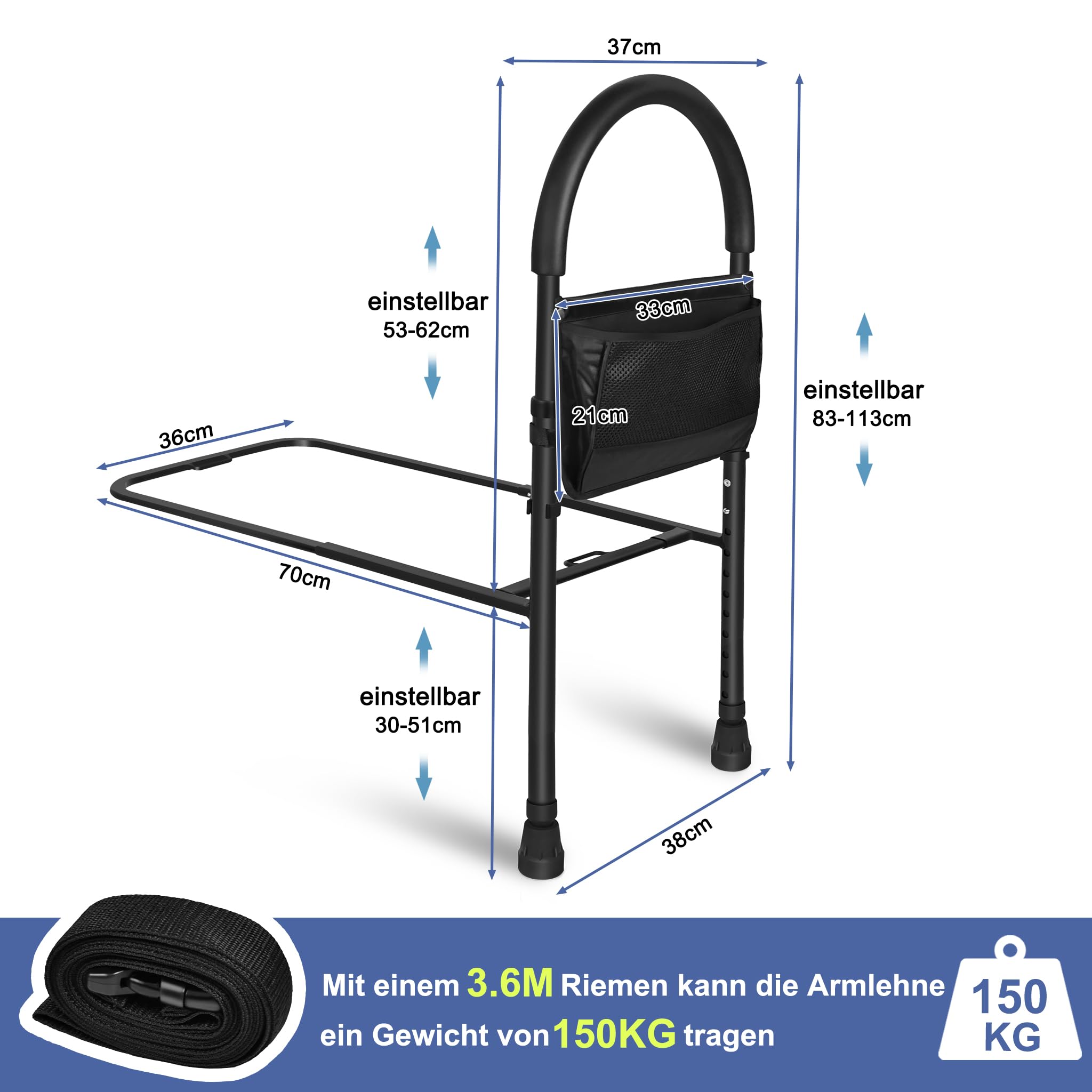 Adjustable Bed Assist Rail for Seniors - Height Adjustable Safety Handles, Elderly Mobility Aid for Getting In & Out of Bed - Ideal for Home Care, Nursing Homes & Daily Living Assistance