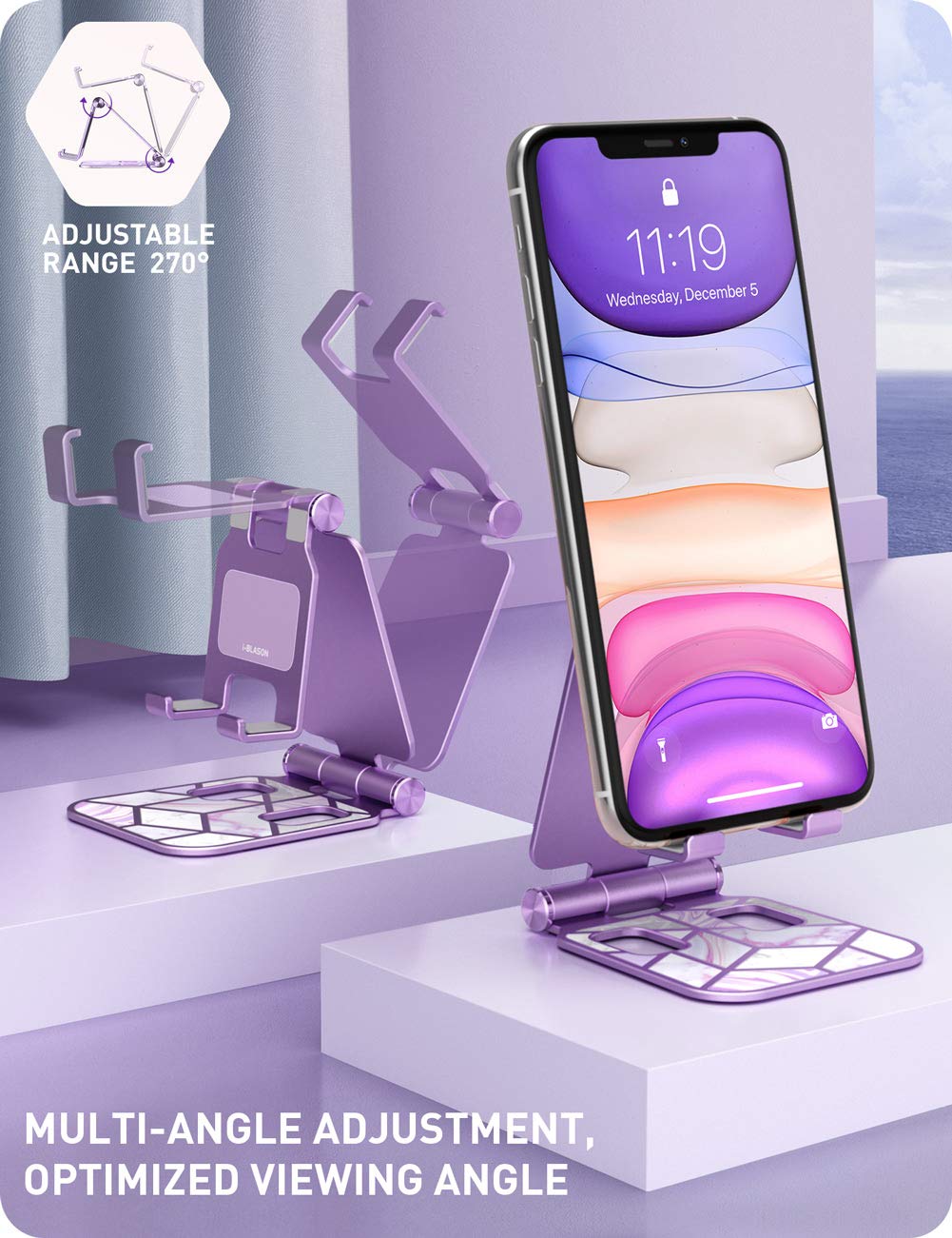 i-Blason Universal Cell Phone Stand for Desk - Adjustable Foldable Phone Holder Compatible with iPhone 16/15/14/13 Pro Max & All Smartphones - Purple (Perfect for Home Office, Video Calls & Hands-Free Viewing)