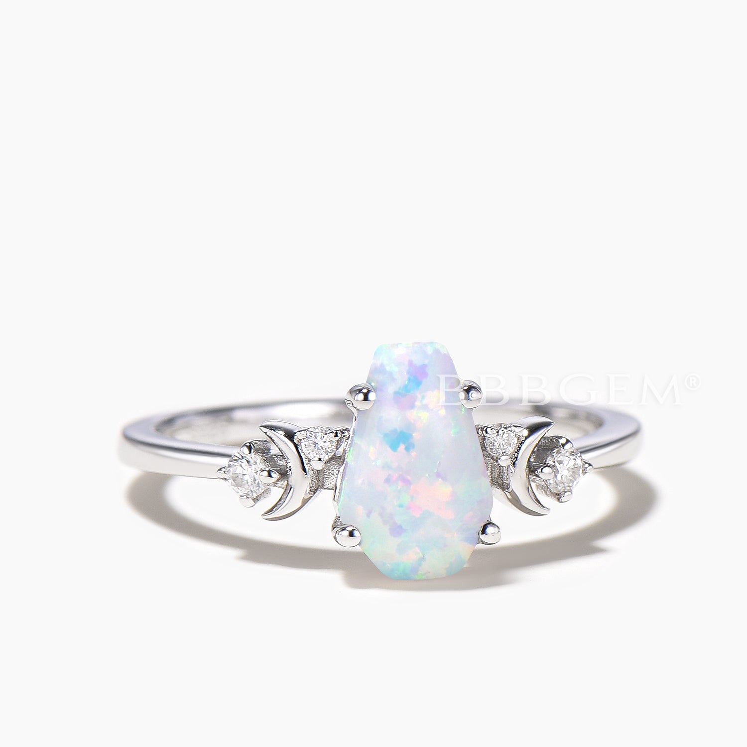 Stunning White Fire Opal & Diamond Coffin Cut Moon Engagement Ring for Women – Perfect for Gothic Weddings, Alternative Proposals & Unique Bridal Jewelry