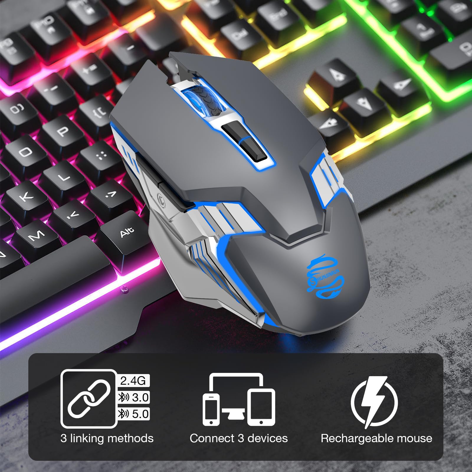 Wireless Bluetooth Mouse Rechargeable - 7-Button Ergonomic RGB Gaming Mouse with 3 Modes for Laptop, Mac, PC, Chromebook, iPad, Tablet - Perfect for Office Work, Gaming & Travel (Gray)
