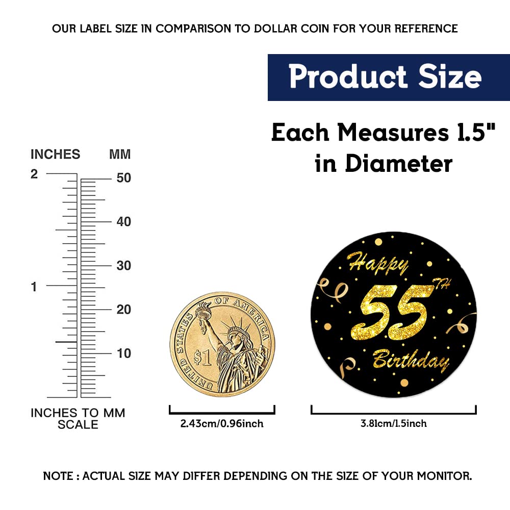 Black Gold 55th Birthday Stickers - 500 Cheers to 55 Years Round Labels for Party Favors, Anniversary Decorations - Perfect for Birthday Invitations, Gift Wrapping & Scrapbooking