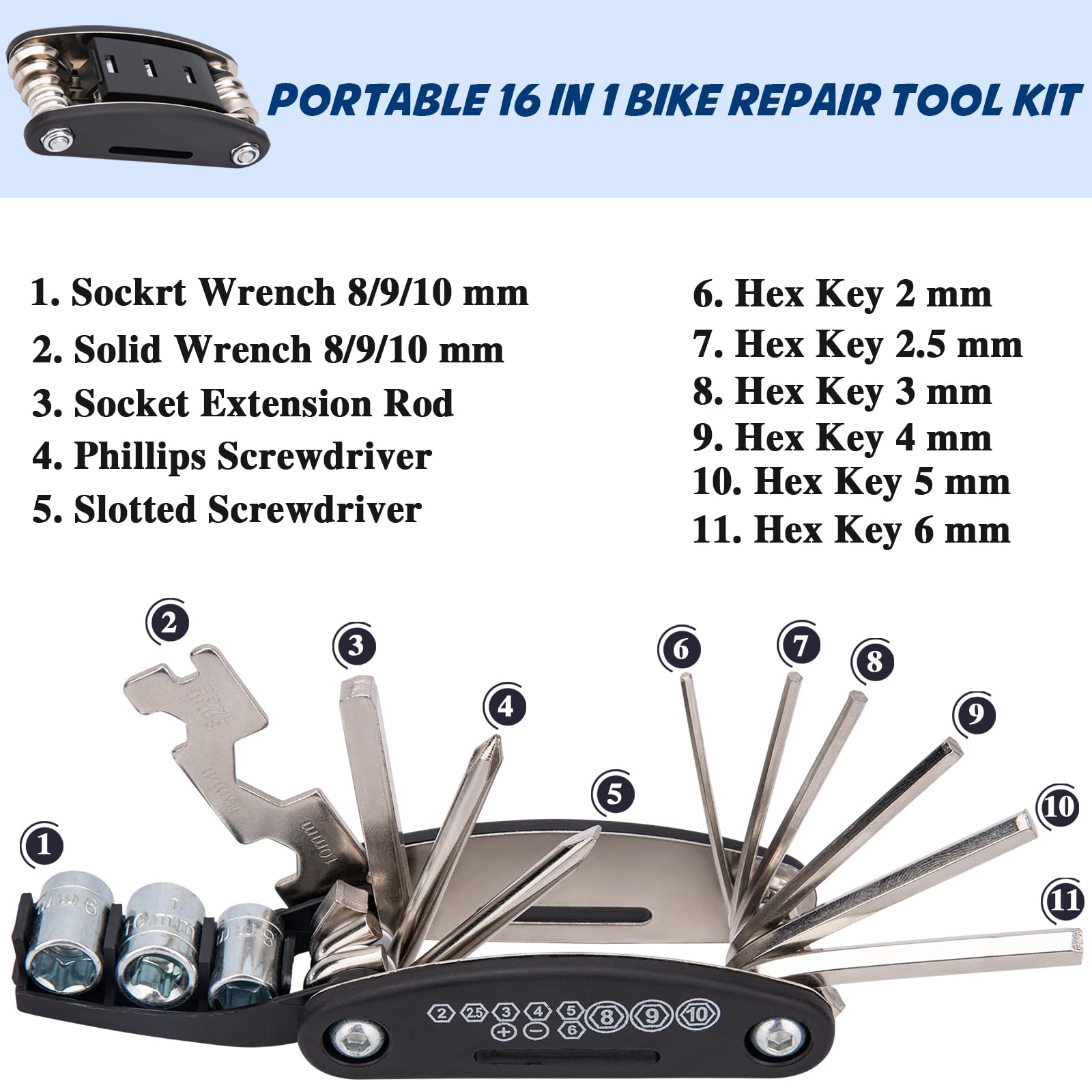 16-in-1 Portable Bike Repair Tool Kit with Tire Patch Kit, 120 PSI Mini Pump & Tyre Levers - Complete Bicycle Maintenance Set for Mountain & Road Bikes - Perfect for On-the-Go Repairs & Emergency Cycling Fixes