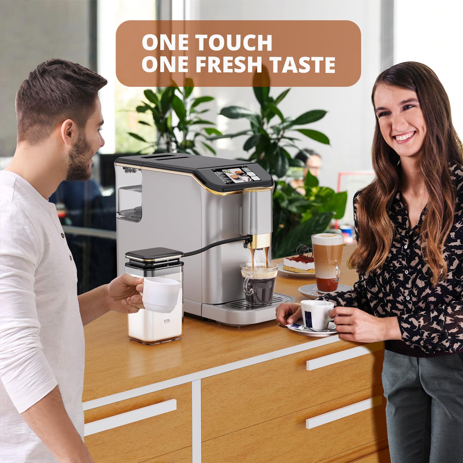 Fully Automatic Espresso Coffee Machine with Milk Frother - 20 Bar Pressure, 15 Grind Settings, 8-in-1 Coffee Maker with TFT Touchscreen & Removable Tank - Perfect for Home, Office, and Cafe Use - Make Espresso, Cappuccino, Latte & More