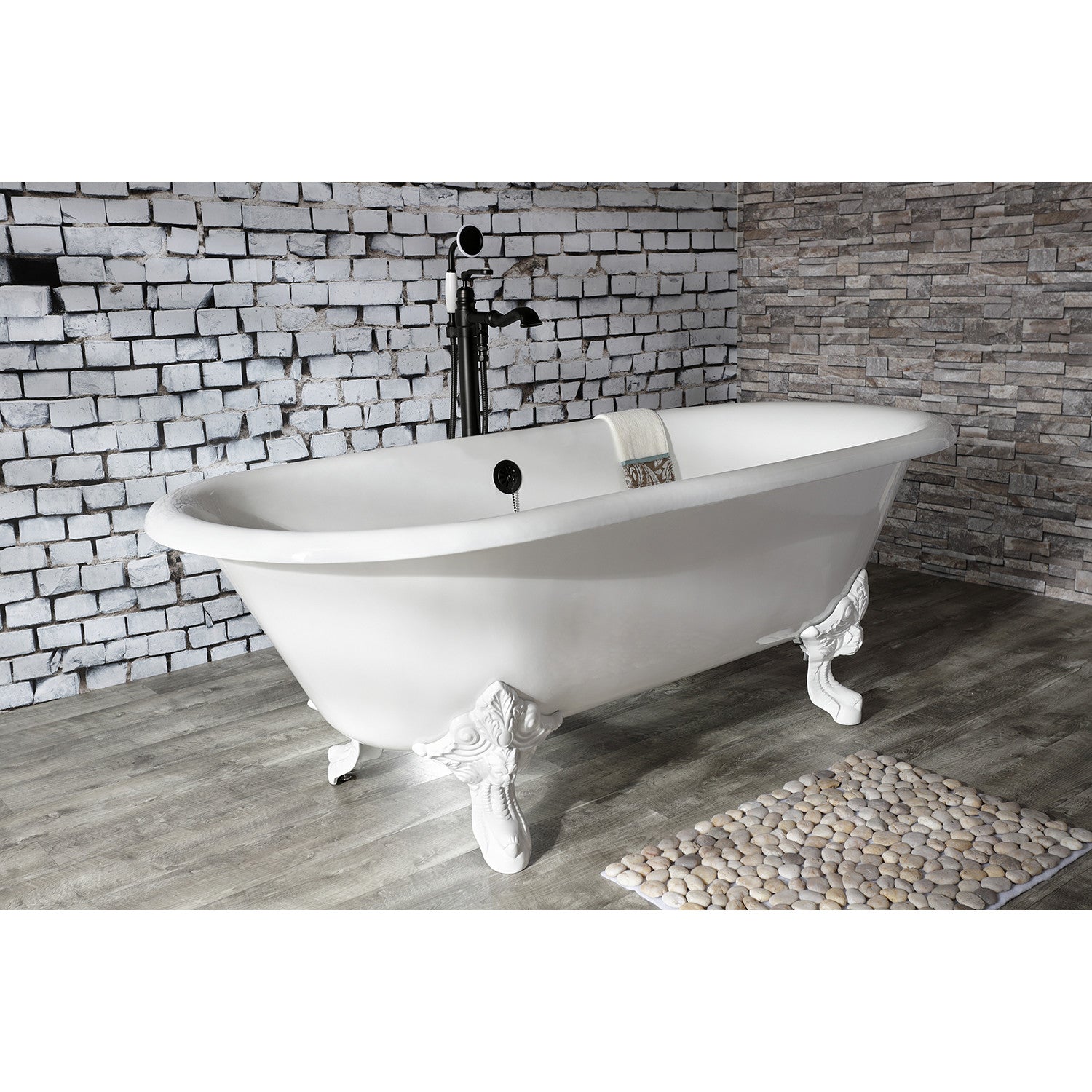 72 Inch White Cast Iron Clawfoot Tub - Aqua Eden VCTDE7232NLW Oval Double Ended Freestanding Bathtub (No Faucet Holes) for Vintage Bathroom & Spa Relaxation