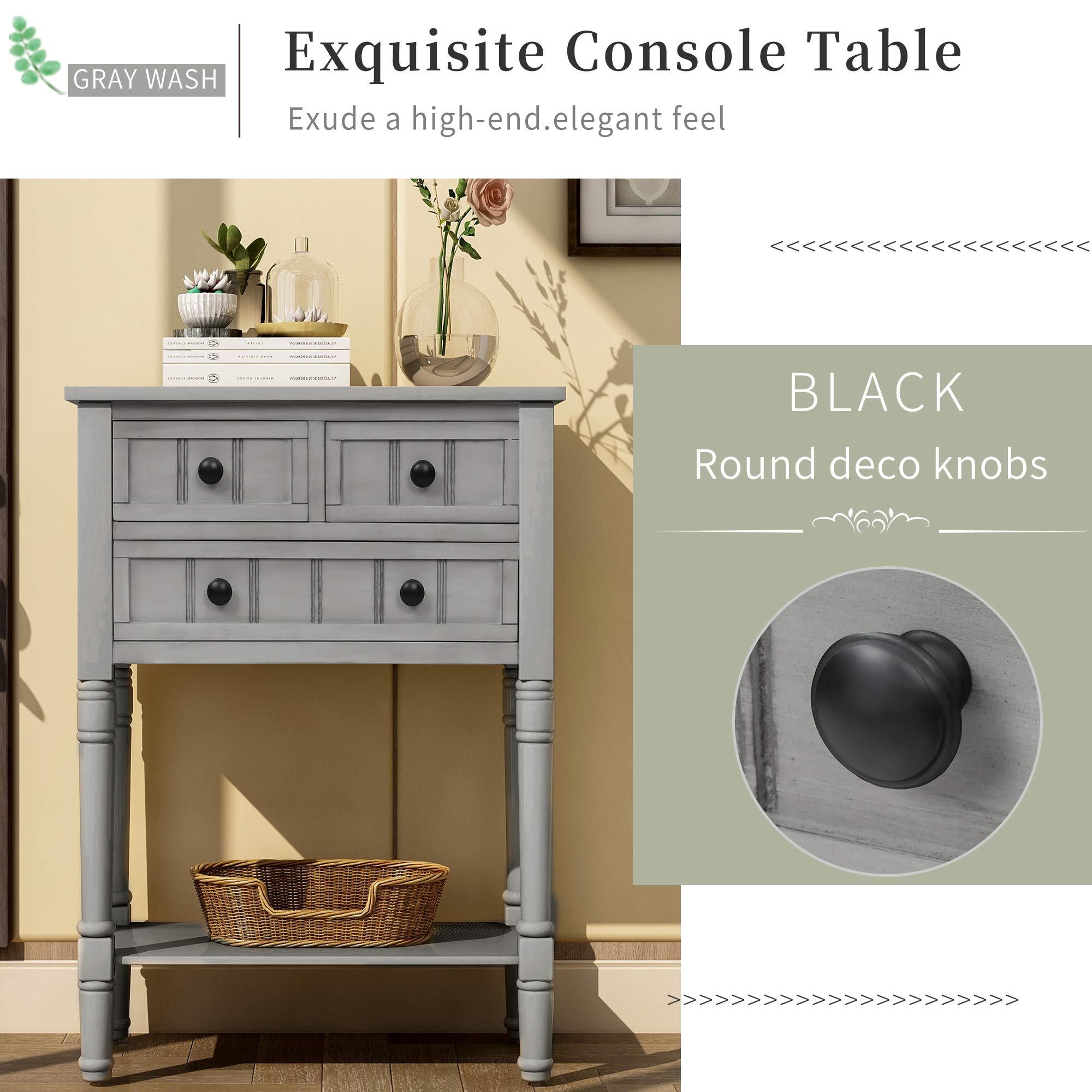Merax Narrow Console Table - Slim Wooden Sofa Table with 3 Storage Drawers & Bottom Shelf for Living Room, Entryway, Hallway - Easy Assembly (Gray Wash) - Perfect for Small Spaces & Home Decor