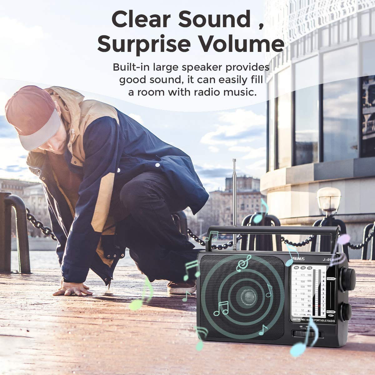 NOAA Weather AM FM Portable Radio with Best Reception - Battery or AC Powered Transistor Radio for Home, Emergency, Camping & Outdoor Use - Includes 3X D Cell Batteries & Wall Plug by PRUNUS