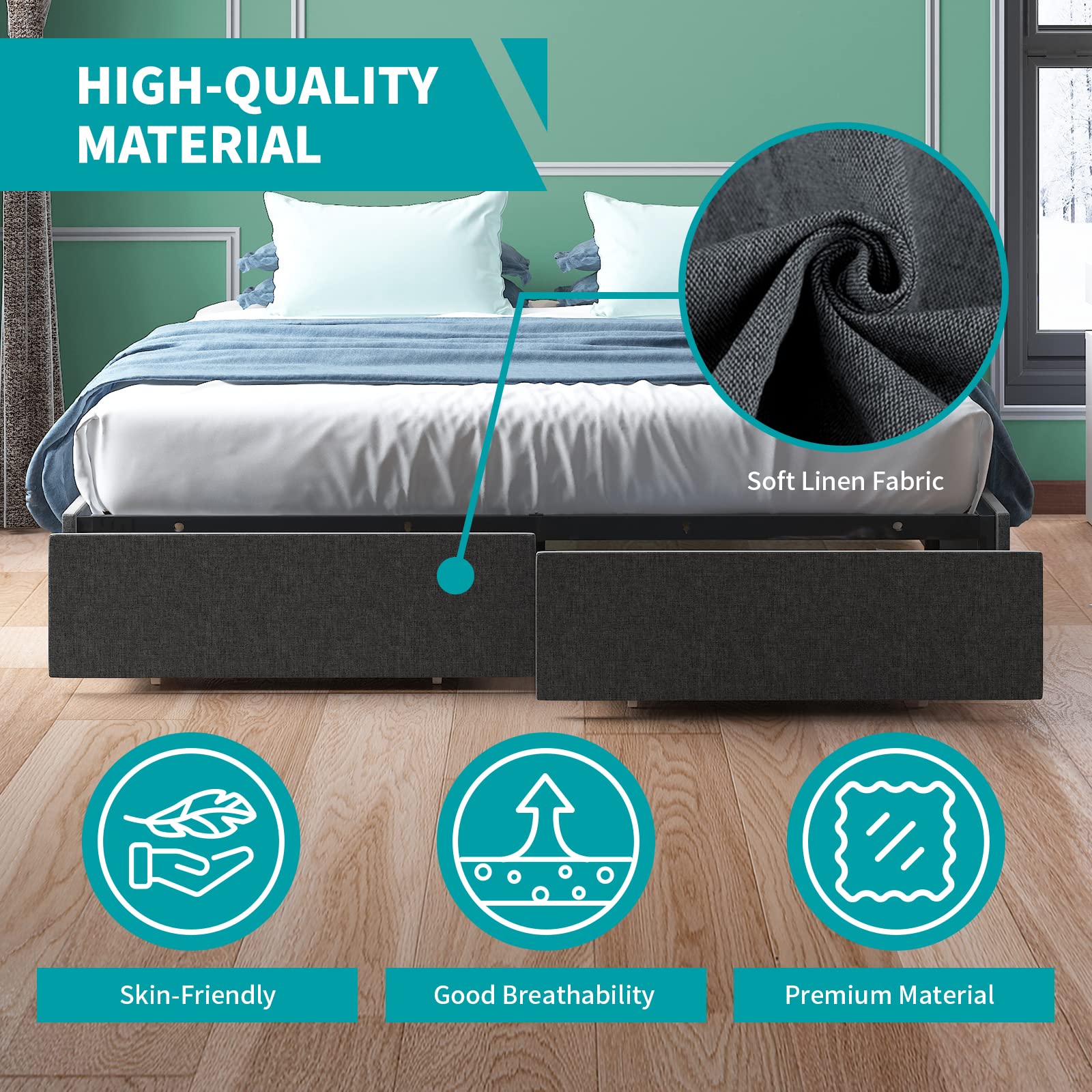 BALUS Queen Upholstered Platform Bed Frame with Storage Drawers - Heavy Duty Wood Slat Support, No Box Spring Needed, Noise Free & Easy Assembly, Dark Grey - Perfect for Small Bedrooms & Space-Saving Storage Solutions