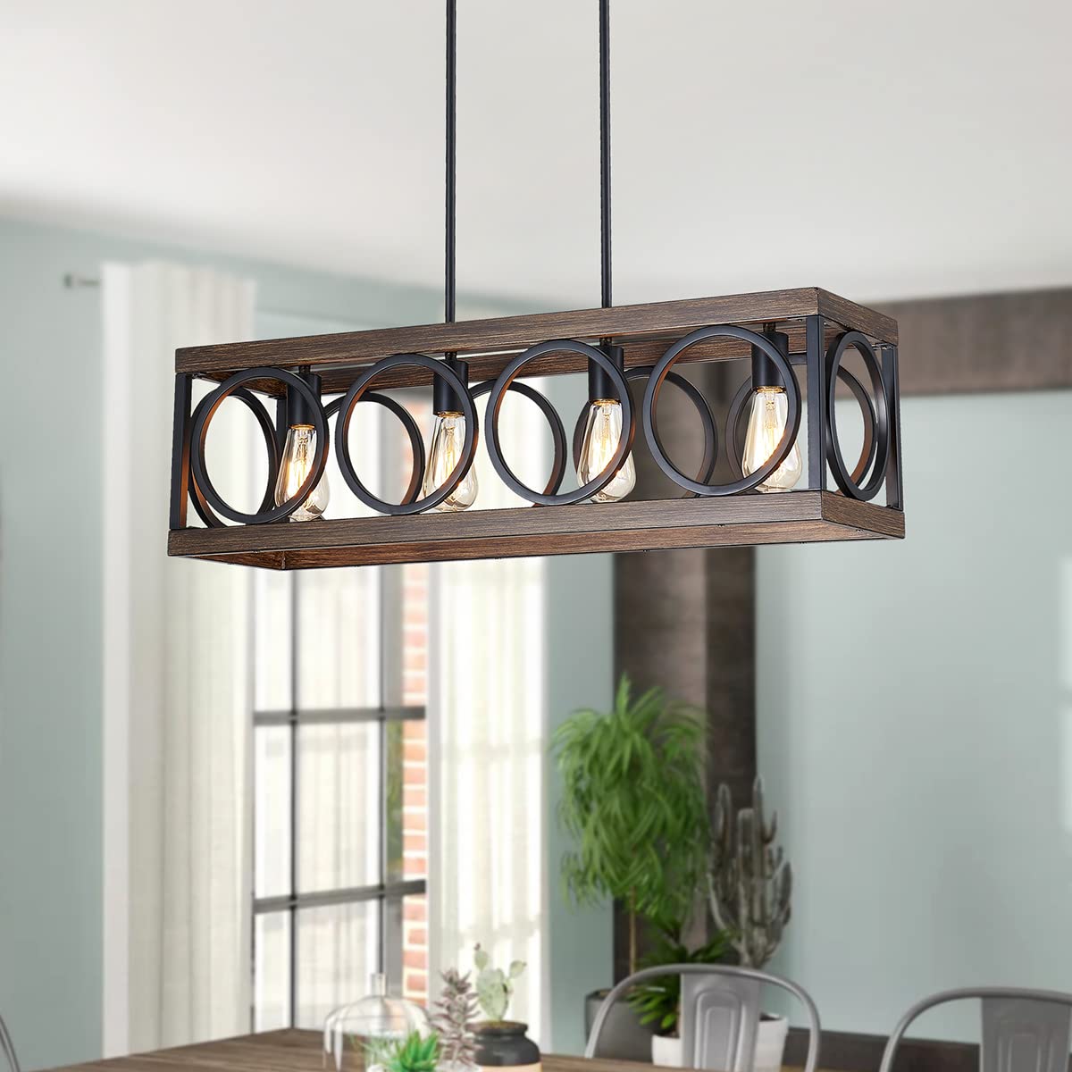 XINGQI Black Kitchen Island Light Fixture - Farmhouse Rectangular Linear Chandelier with Wood Grain Finish | 4-Light Pendant Ceiling Lighting for Dining Room, Bar, Office & Coffee Shop | Perfect for Modern Rustic & Industrial Decor