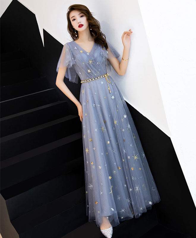 Elegant Blue A-Line Tulle Long Prom Dress & Bridesmaid Gown - Perfect for Formal Dances, Weddings, and Special Occasions