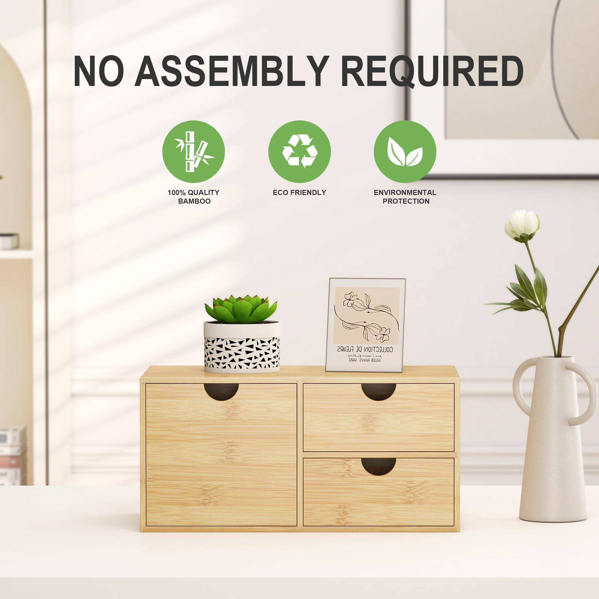Bamboo Desk Organizer with Drawers - Small Desktop Storage Container for Home & Office - No Assembly Required - Perfect for Organizing Pens, Paper Clips, and Office Supplies on Countertops or Tabletops