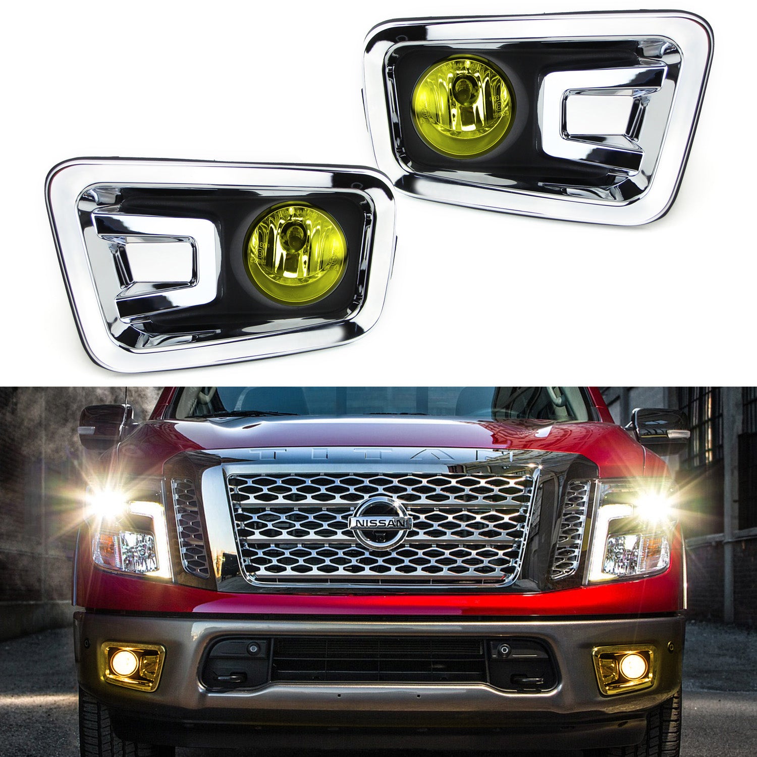 Chrome Bezel with Yellow Lens Fog Light Kit + Switch Wiring for 2017-2019 Nissan Titan - Off-Road & Night Driving Upgrade