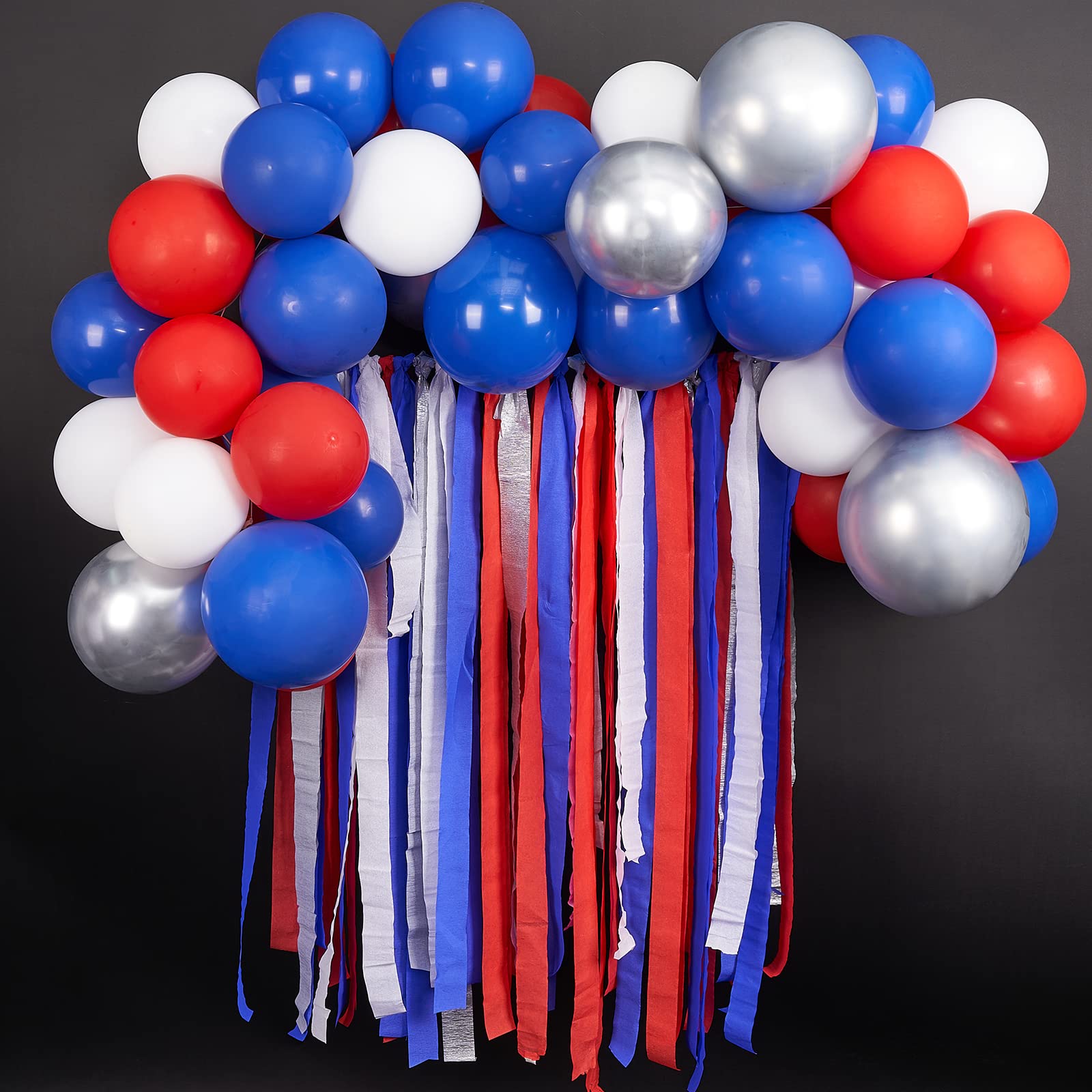 PartyWoo Crepe Paper Streamers - 6 Rolls (492ft Total) - Royal Blue, Red, White & Silver Decorative Streamers for 4th of July, USA Themed Parties, Patriotic Decorations, Birthday Celebrations & Home Decor (1.8