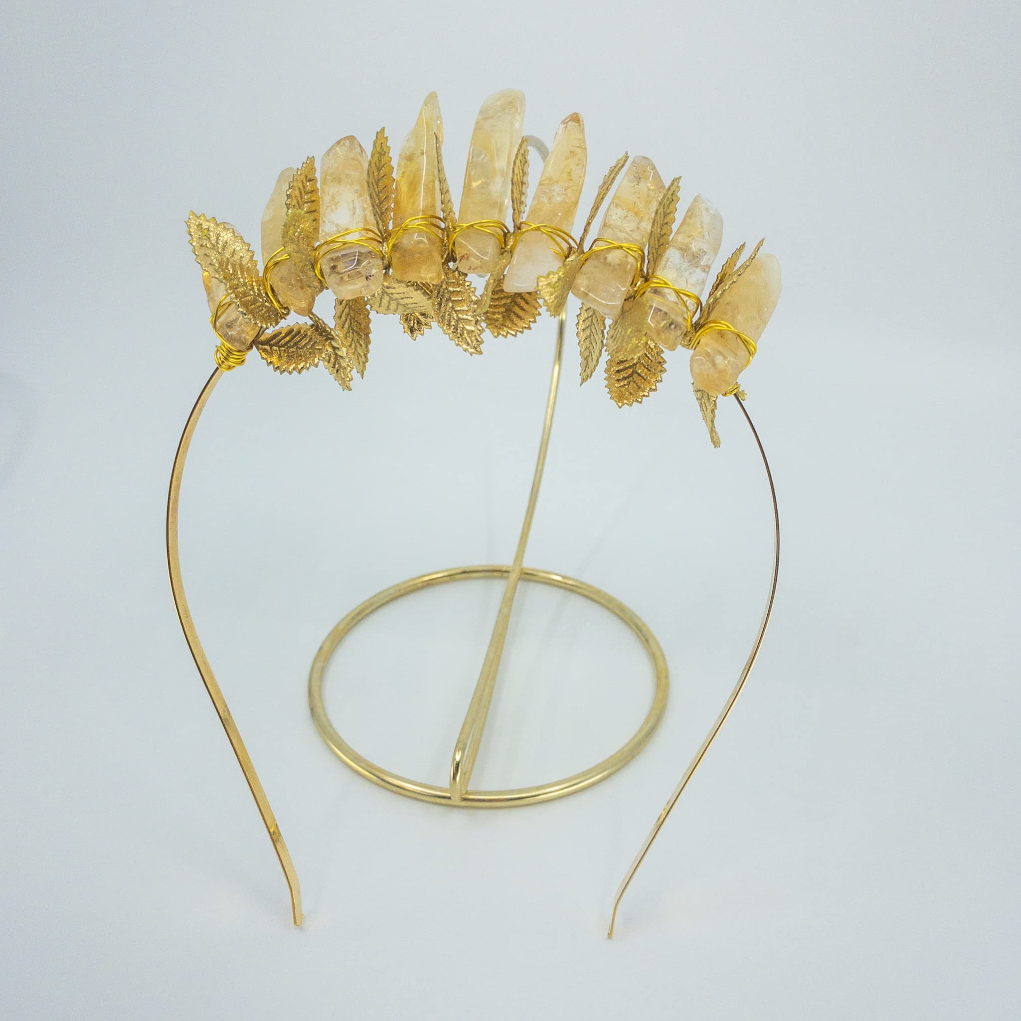 Mini Citrine Crystal Crown Tiara with Gold Leaf - Appalachian Gems Bridal Headpiece for Weddings, Witches, Photoshoots & Halloween | Boho Wedding Accessory, Festival Jewelry, Cosplay Costume Prop