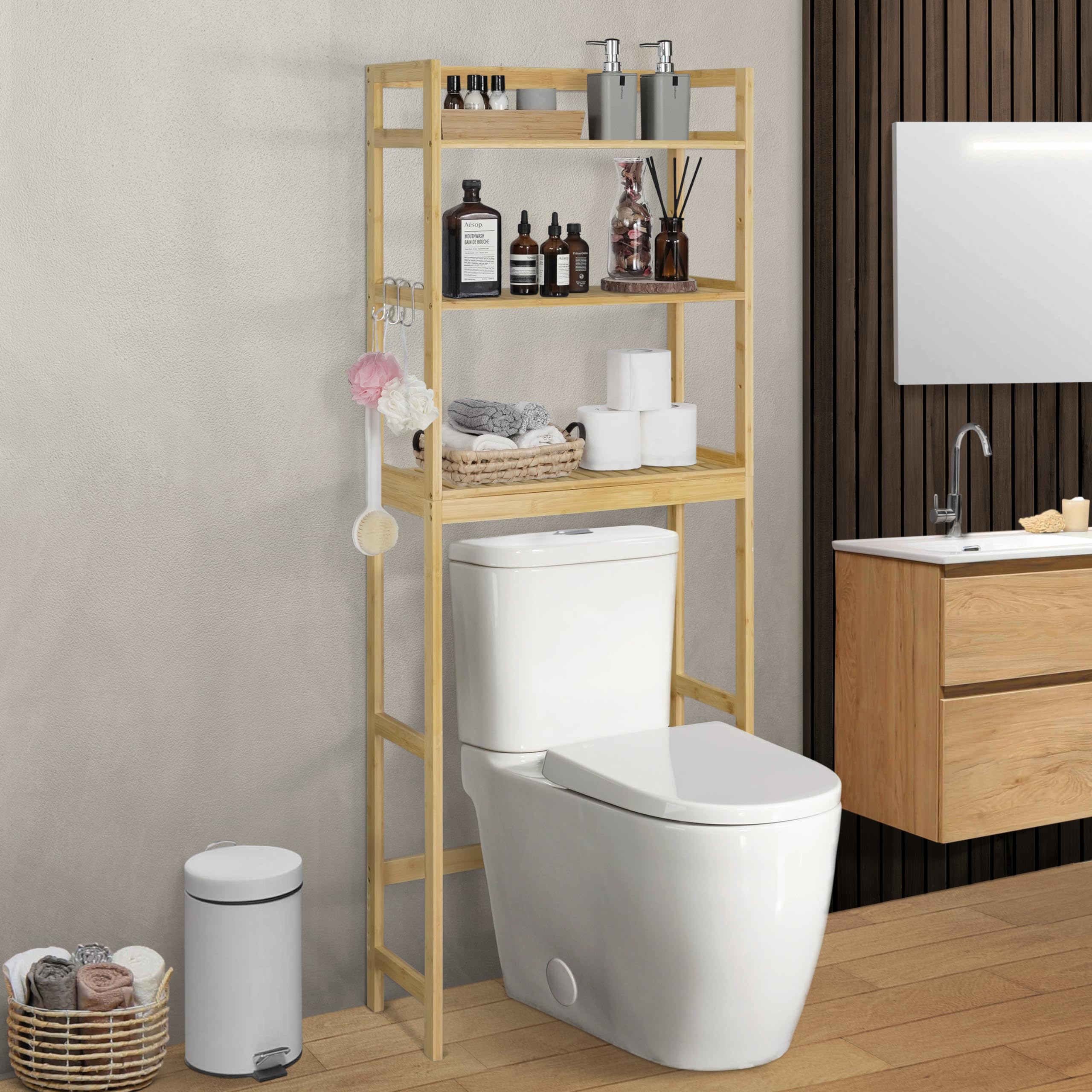 CAPHAUS 24-Inch Bamboo Over The Toilet Storage Shelf with Hooks & Adjustable Feet - Freestanding Bathroom Organizer Rack for Toilet Paper, Towels & Laundry - Perfect for Small Bathrooms, Balcony Plant Display & Home Decor