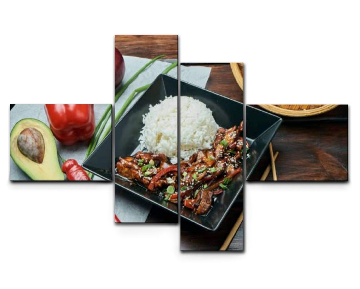 TOKERY Asian-Inspired Canvas Wall Art - Teriyaki Fried Pork Rice Painting for Home & Office Decor | 4-Panel HD Modern Framed Artwork | Perfect for Living Room, Kitchen & Dining Area