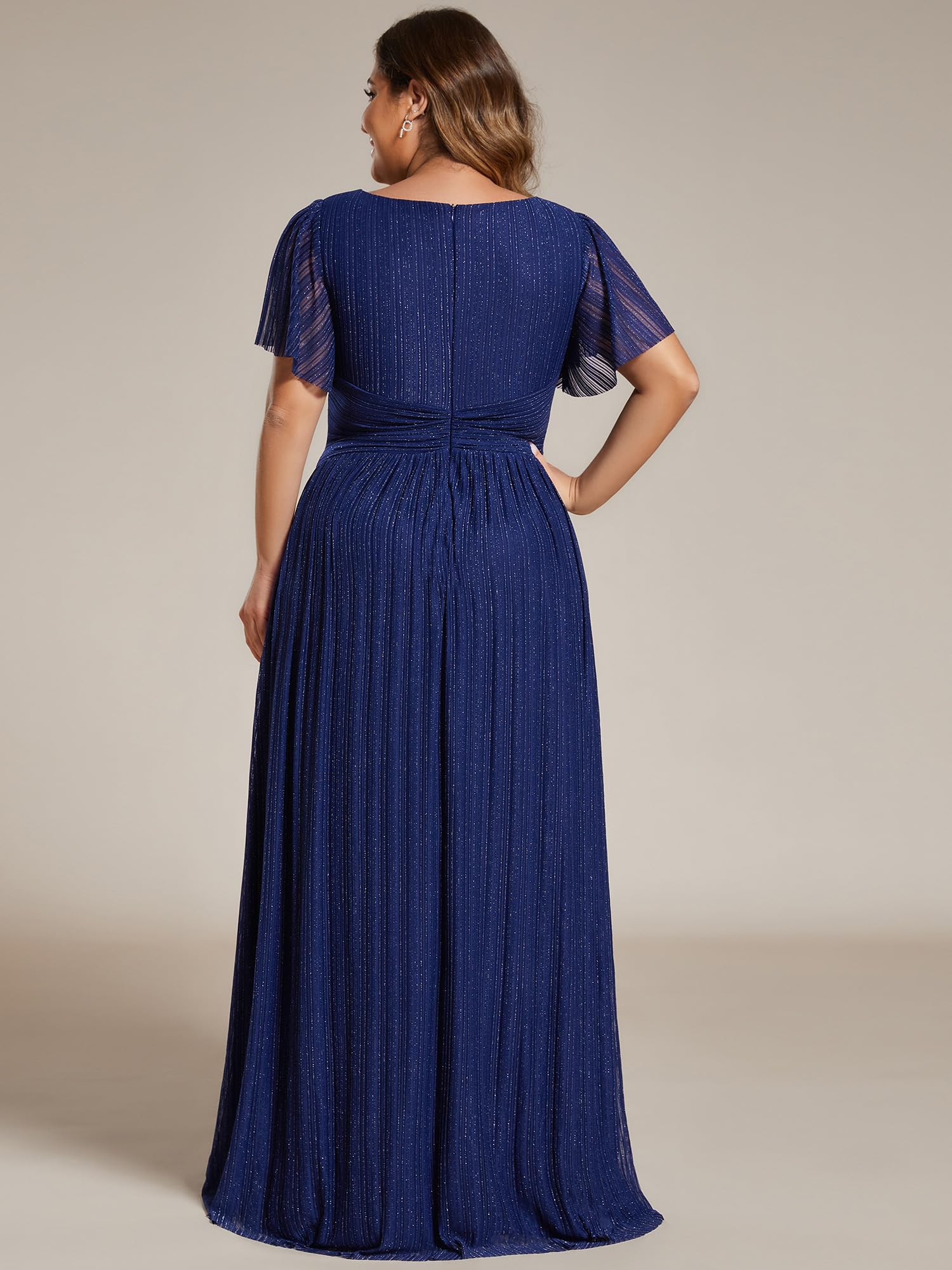 Ever-Pretty Women's A-Line V-Neck Glitter Short Sleeve Pleated Plus Size Formal Evening Dress 11961-DA | Elegant Party Gown for Prom, Wedding Guest, Cocktail & Special Occasions