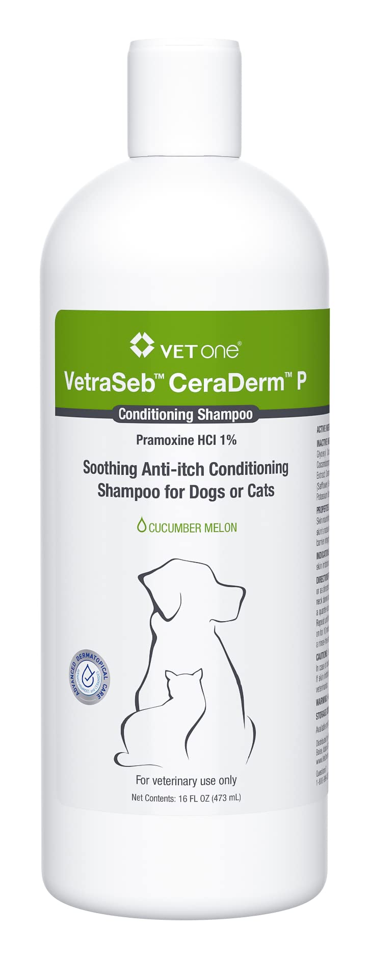 Vet One VetraSeb CeraDerm P Conditioning Shampoo for Dogs & Cats - 16oz Medicated Shampoo for Dry, Itchy Skin - Soothes & Moisturizes Pet Coat - Ideal for Allergy Relief & Dermatitis Treatment
