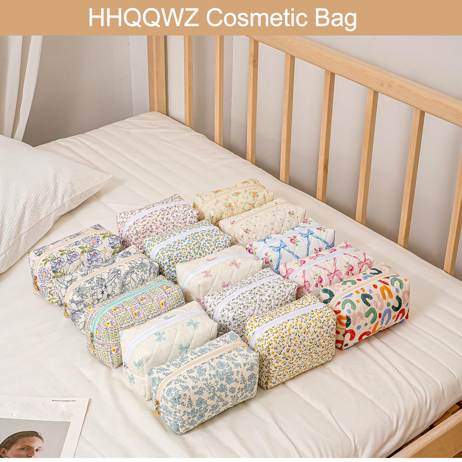 Quilted Cotton Makeup Bag for Women & Girls | Zippered Travel Cosmetic Pouch with Bow Pattern | Portable Toiletry Organizer & Storage Bag (Blue Bowknot) | Perfect for Travel, Gym & Daily Essentials