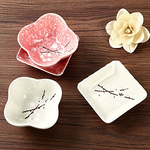 Colias Wing Cuddly Plum Blossom Porcelain Side Dish Bowls - 4-Piece Square & Flower Pattern Set (Pink & White) - Perfect for Soy Sauce, Seasonings, Sushi Dipping, and Asian Dining Tableware