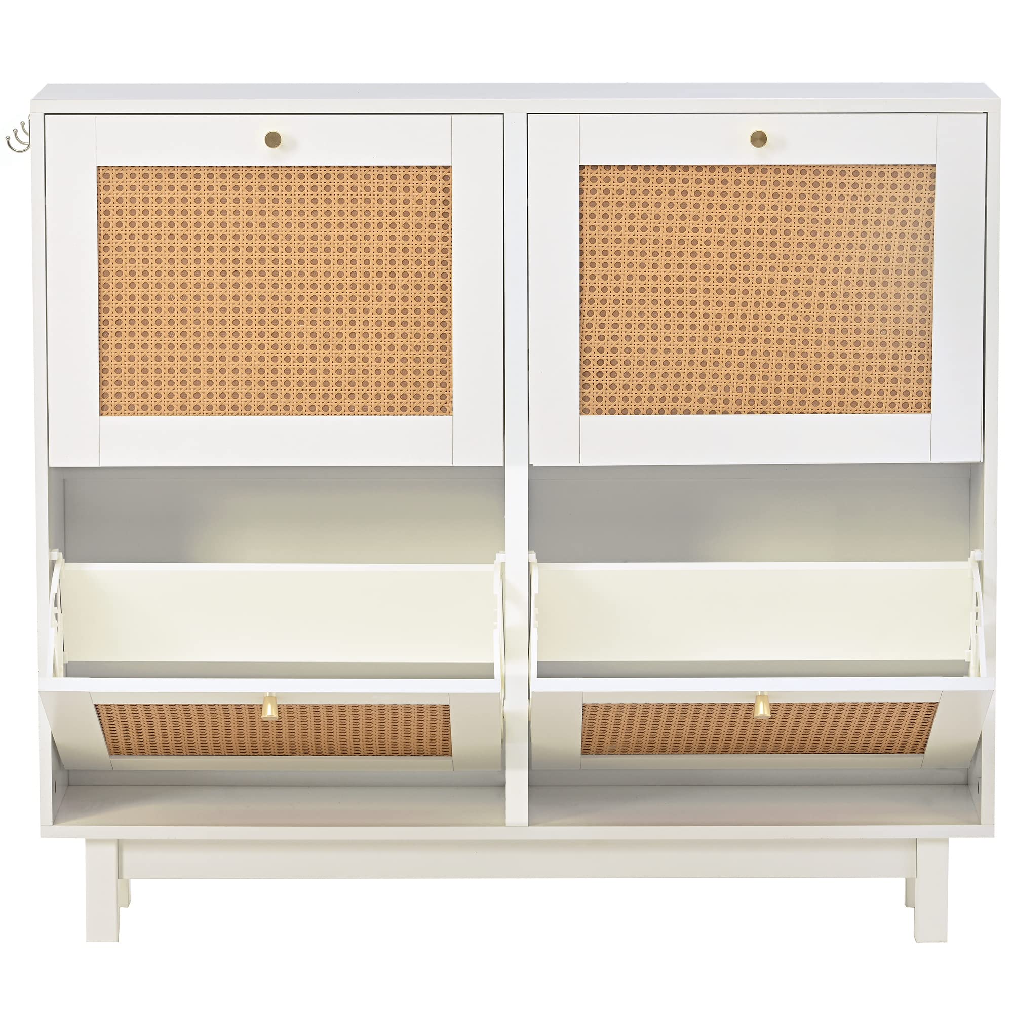 Boho Style Rattan Shoe Cabinet with 4 Flip Drawers - 2-Tier Shoe Storage Organizer with Large Capacity | Free Standing Shoe Rack for Entryway, Hallway, Bedroom & Closet (White/Boho) - Perfect for Small Spaces & Home Organization