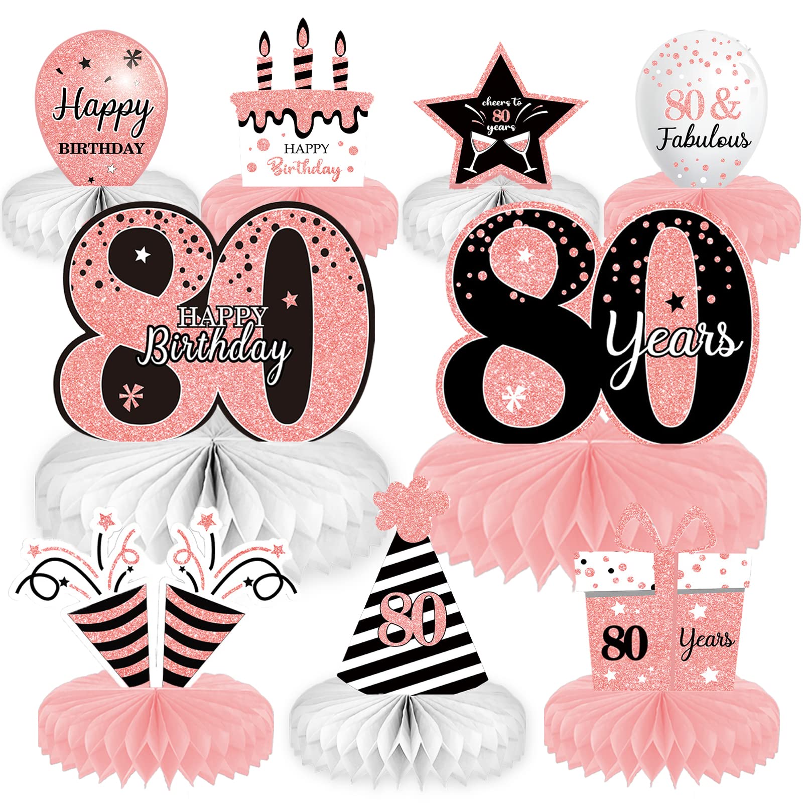 9-Piece Rose Gold 80th Birthday Party Decorations Set for Women - Pink Table Centerpieces, Honeycomb Topper & Cheers Sign - Perfect for Milestone Celebrations, Retirement Parties & Grandmother's Birthday Decor