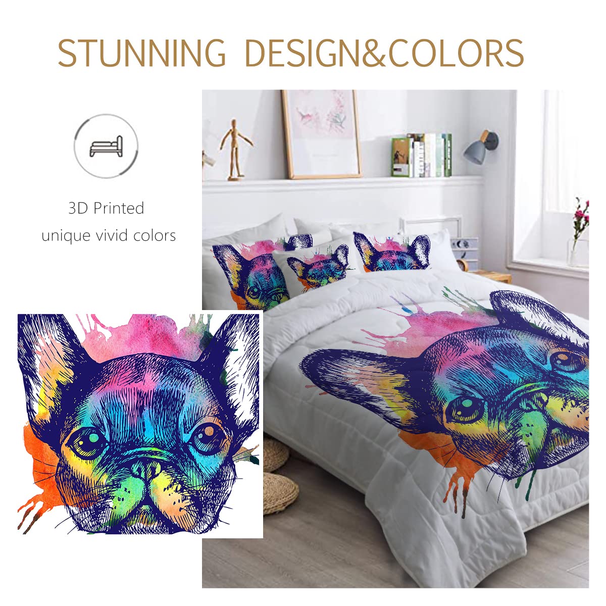BlessLiving French Bulldog Print 8-Piece King Size Bedding Set - Comforter, Shams, Sheets & Cushion Cover | Abstract Dog Pattern Bed in A Bag | Perfect for Pet Lovers' Bedroom & Guest Room Decor