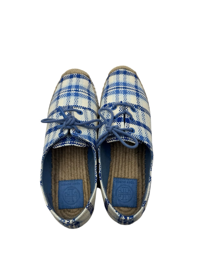 Tory Burch Blue Plaid Florence Espadrille Wedge Sandals - Women's Size 7.5 (US) Comfortable Casual Summer Shoes for Beach, Vacation & Everyday Wear