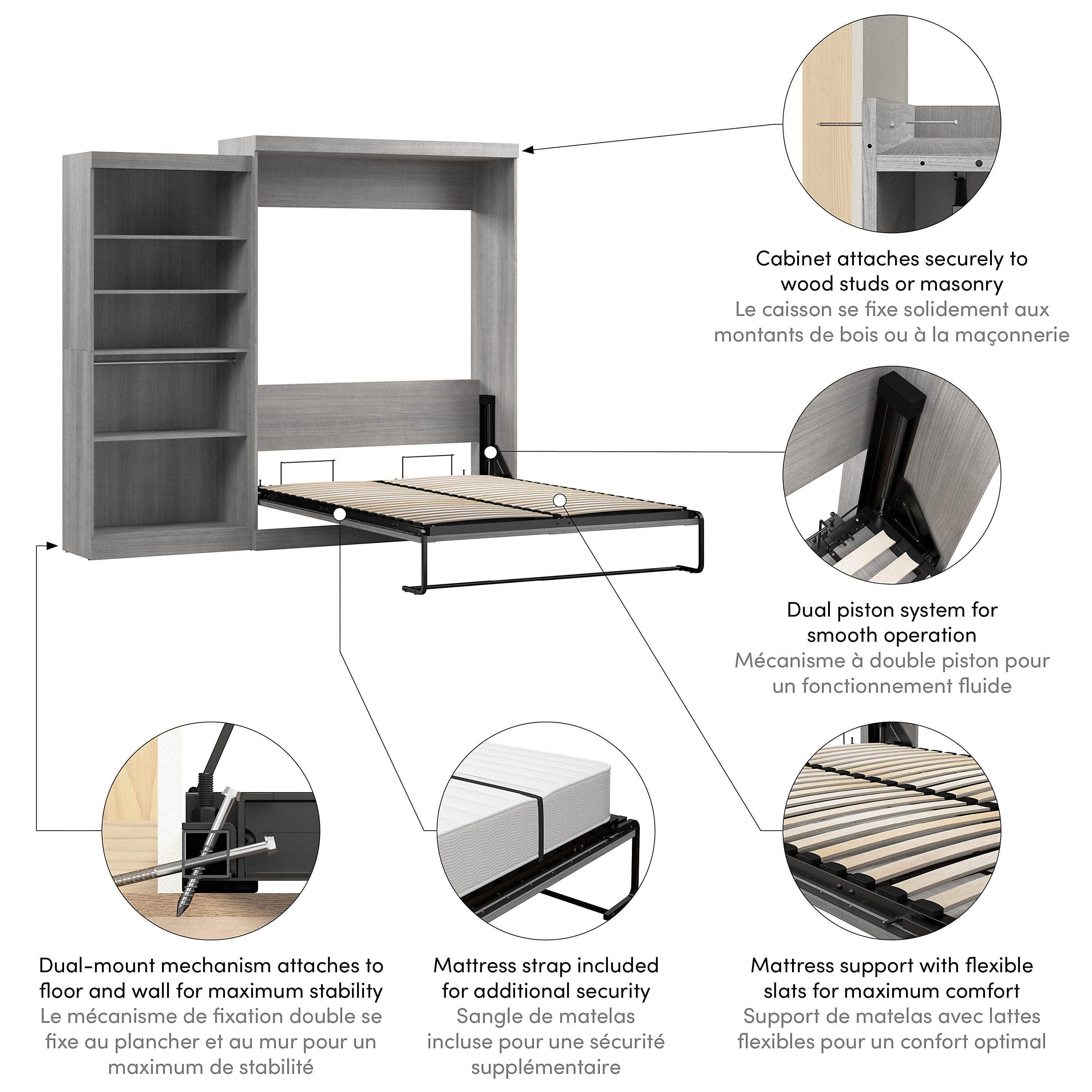 Pur Queen Murphy Wall Bed with Closet Organizer (101W) - 7 Color Options | Space-Saving Wall Bed for Small Apartments, Guest Rooms & Home Offices
