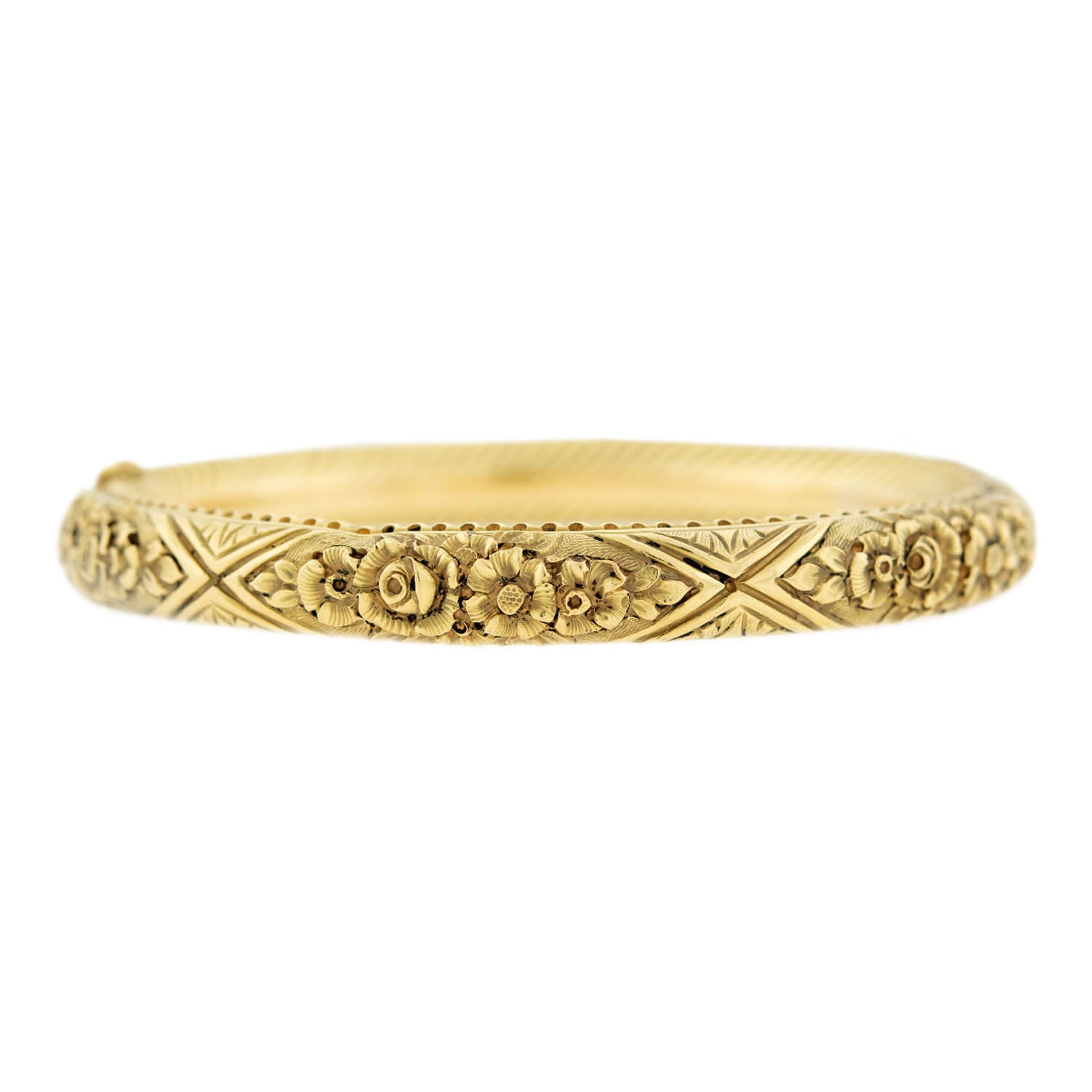 Victorian Style 18k Gold Repoussé Hinged Bangle Bracelet - Elegant Antique Jewelry for Women, Perfect for Weddings, Parties & Special Occasions
