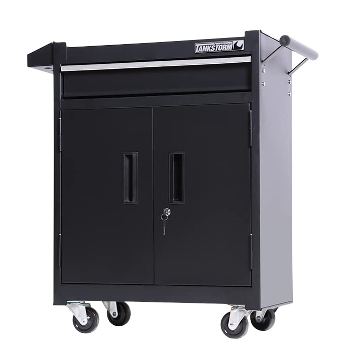 Heavy Duty 1-Drawer Steel Rolling Tool Chest with Lockable Doors - TZ8 Black Tool Box for Garage, Workshop & DIY Projects